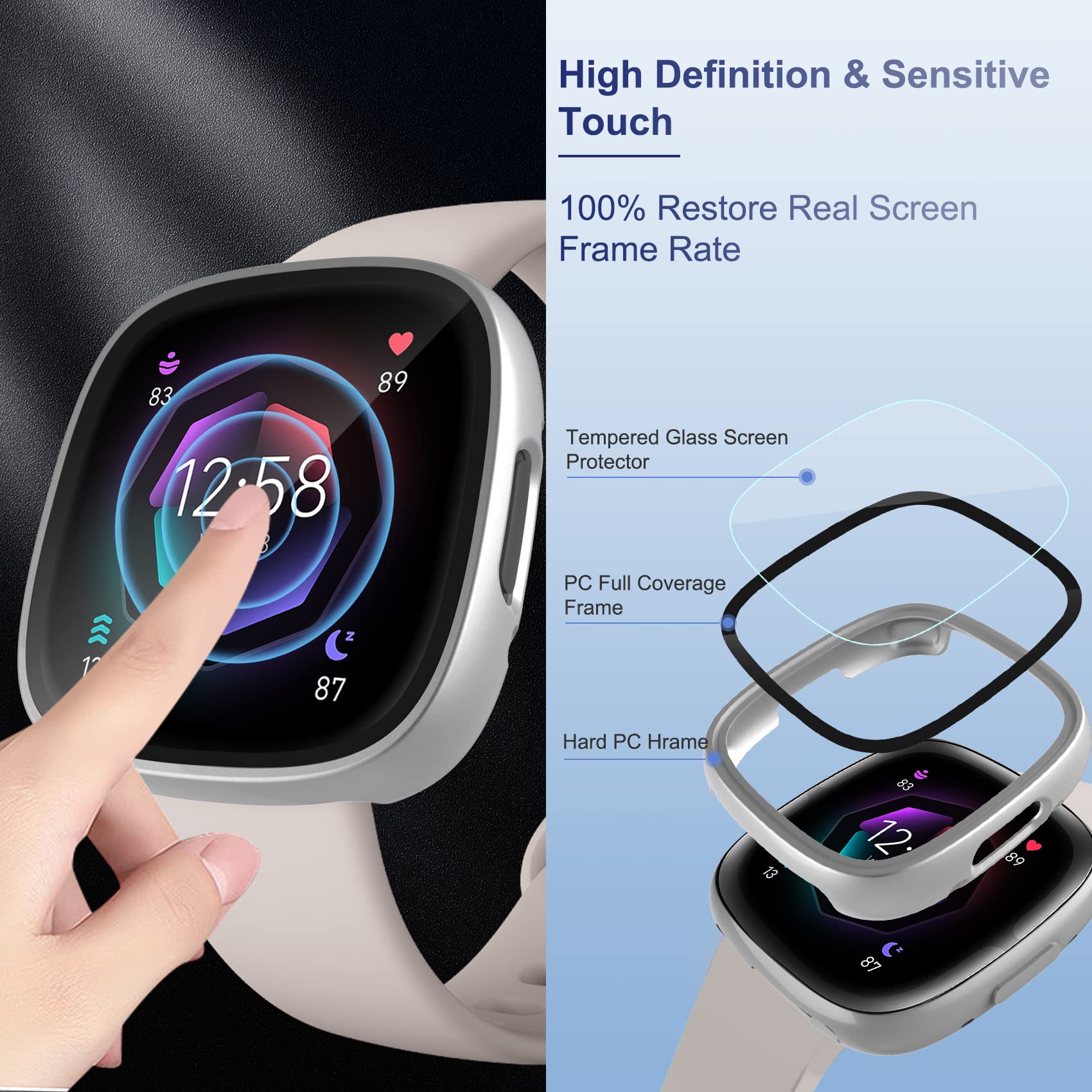 Kpyja 10-Pack Tempered Glass Screen Protector With Hard Pc Case Compatible With Fitbit Versa 4/Sense 2, All-Around Protective Sc