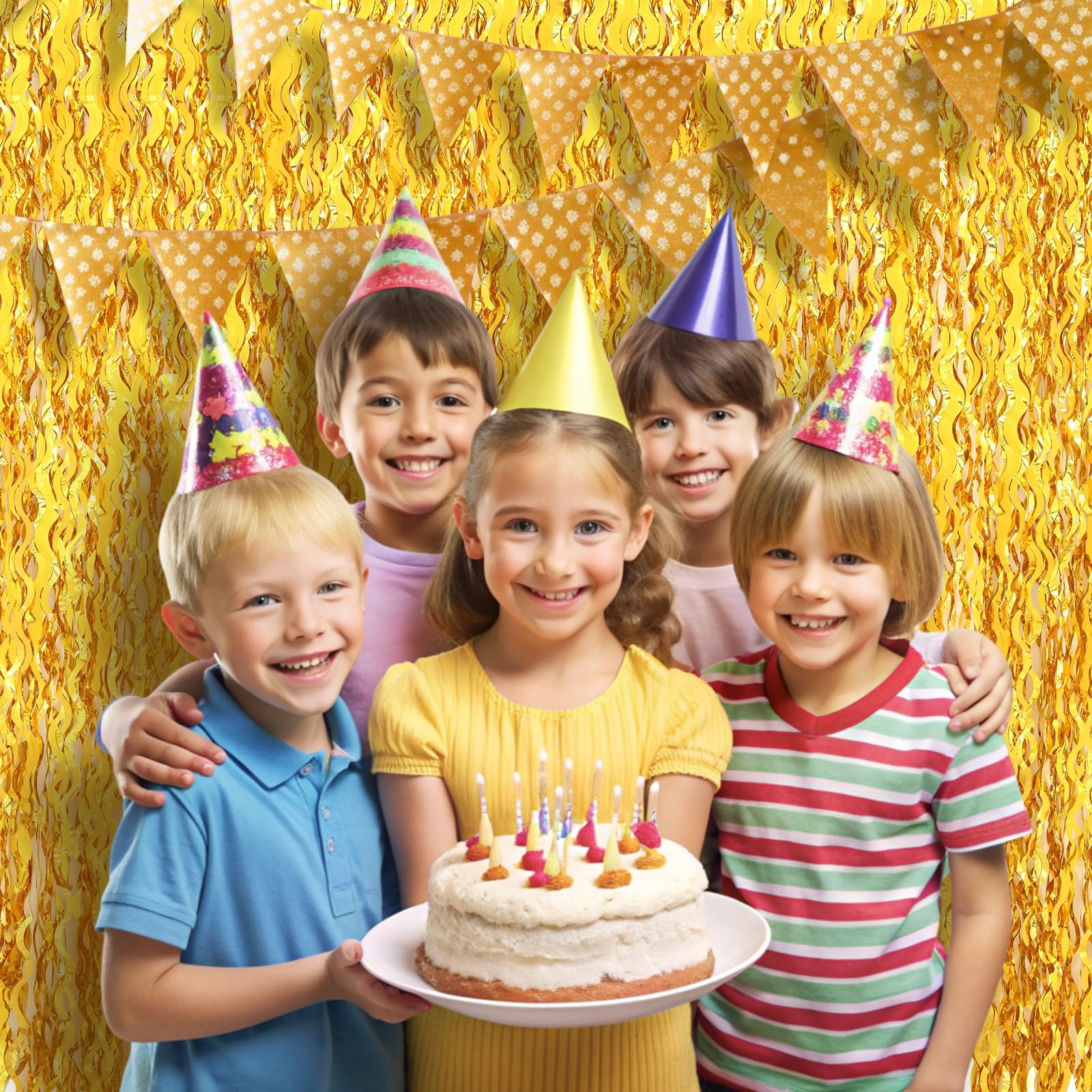 Pigetale 2 Pack 3.2X6.5 Feet Wavy Gold Foil Fringe Backdrop Curtains Tinsel Streamers Dance Party Decorations Photo Booth Props