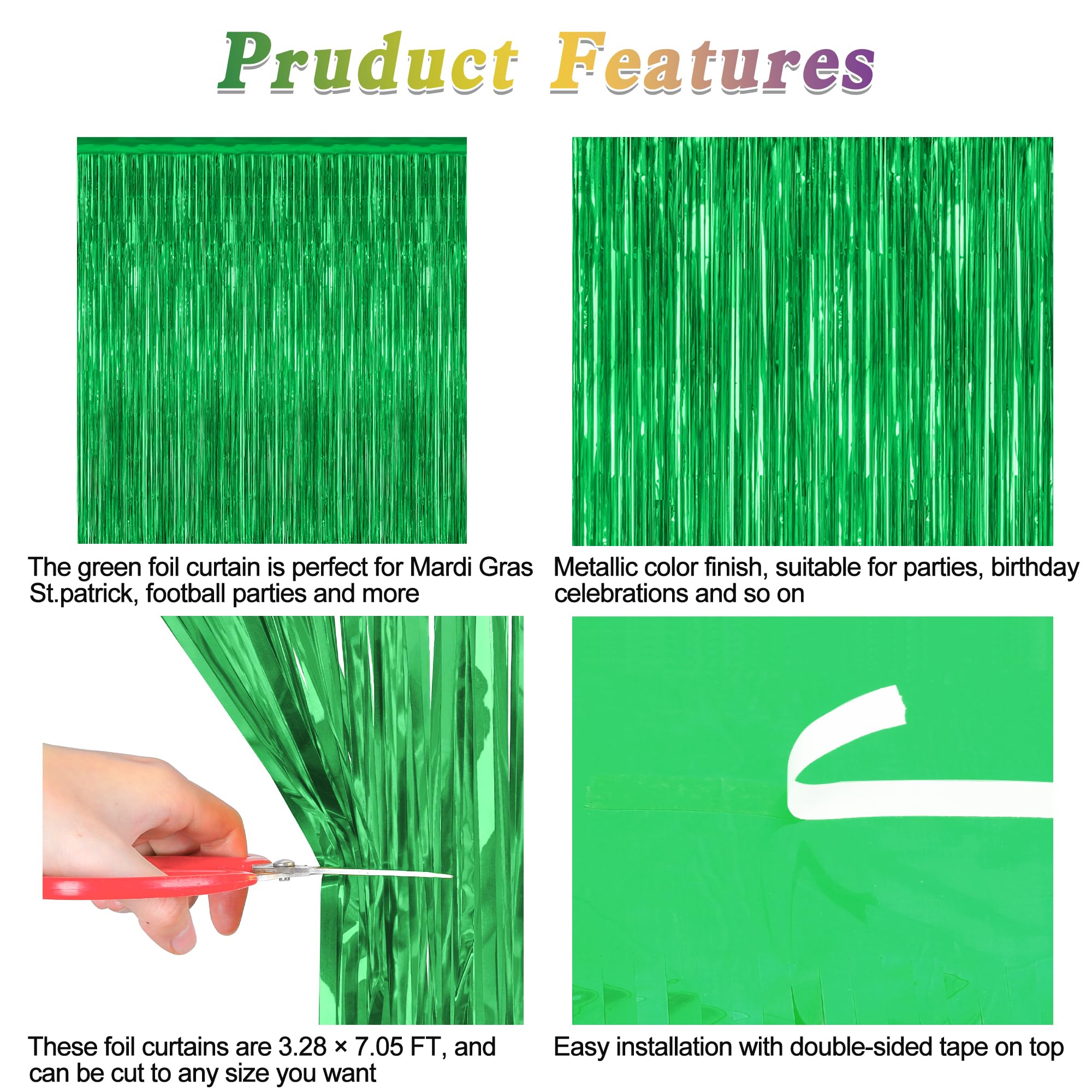 4 Pack Green Streamers, 3.28 Ft X 7.05 Ft Birthday Tinsel Backdrop, Metallic Green Foil Fringe Curtains Photo Booth Backdrop, Gr