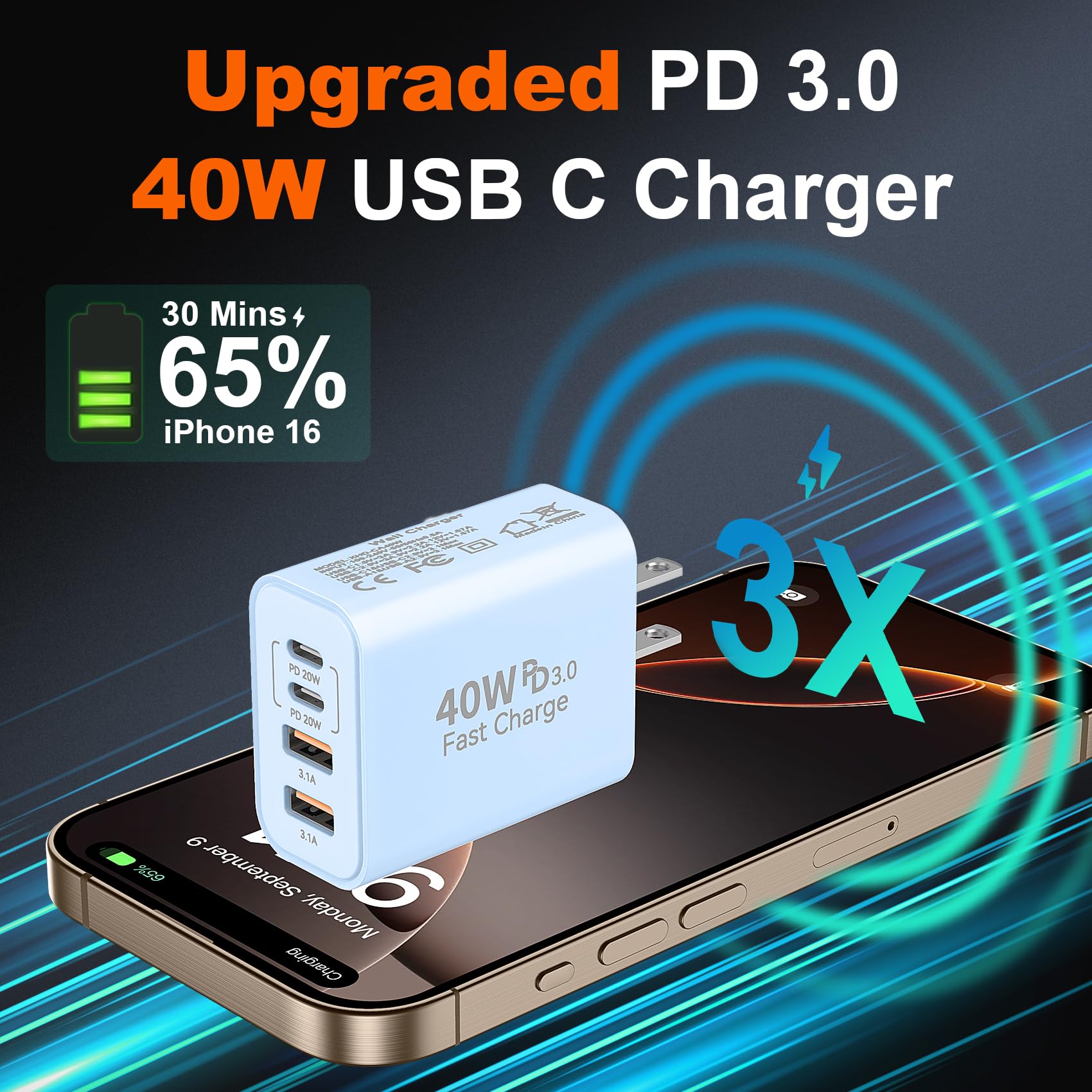 Usb C Fast Charger Block, 40W 4 Port Type C Charger Fast Charging Block Cube Pd Power Adapter+Qc 3.0 Usb A Charger Wall Plug Typ