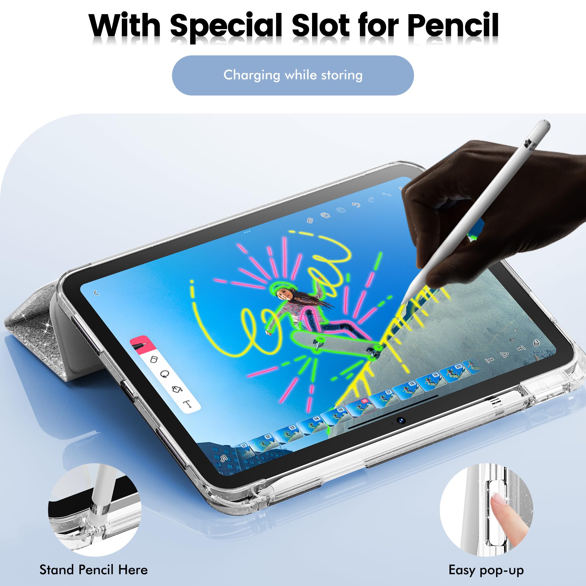 Infiland Compatible With Ipad 10Th Generation Case, Ipad Case 10Th Generation 10.9 Inch, Glitter Leather Cover With Sparkly Crystal Clear Back, Pencil Holder, Anti Yellowing, Silver