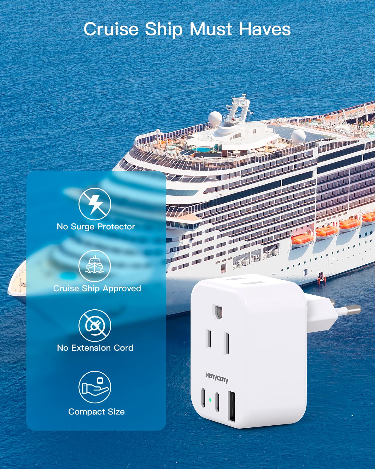 European Travel Plug Adapter For International, Italy Spain Power Adapter, 2 Outlets 2 Usb C Ports, Type C Adapter Travel Cruise