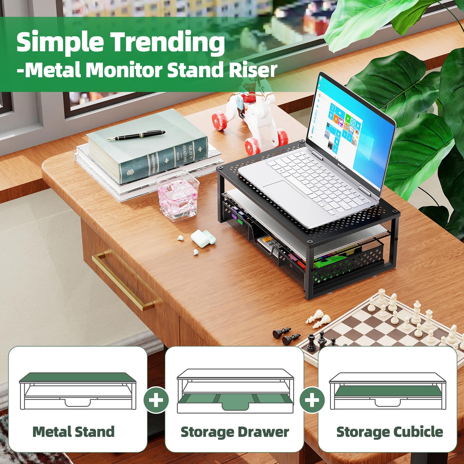 Simple Trending 2 Pack 2 Tier Metal Monitor Riser Stand And Computer Desk Organizer With Drawer, Black