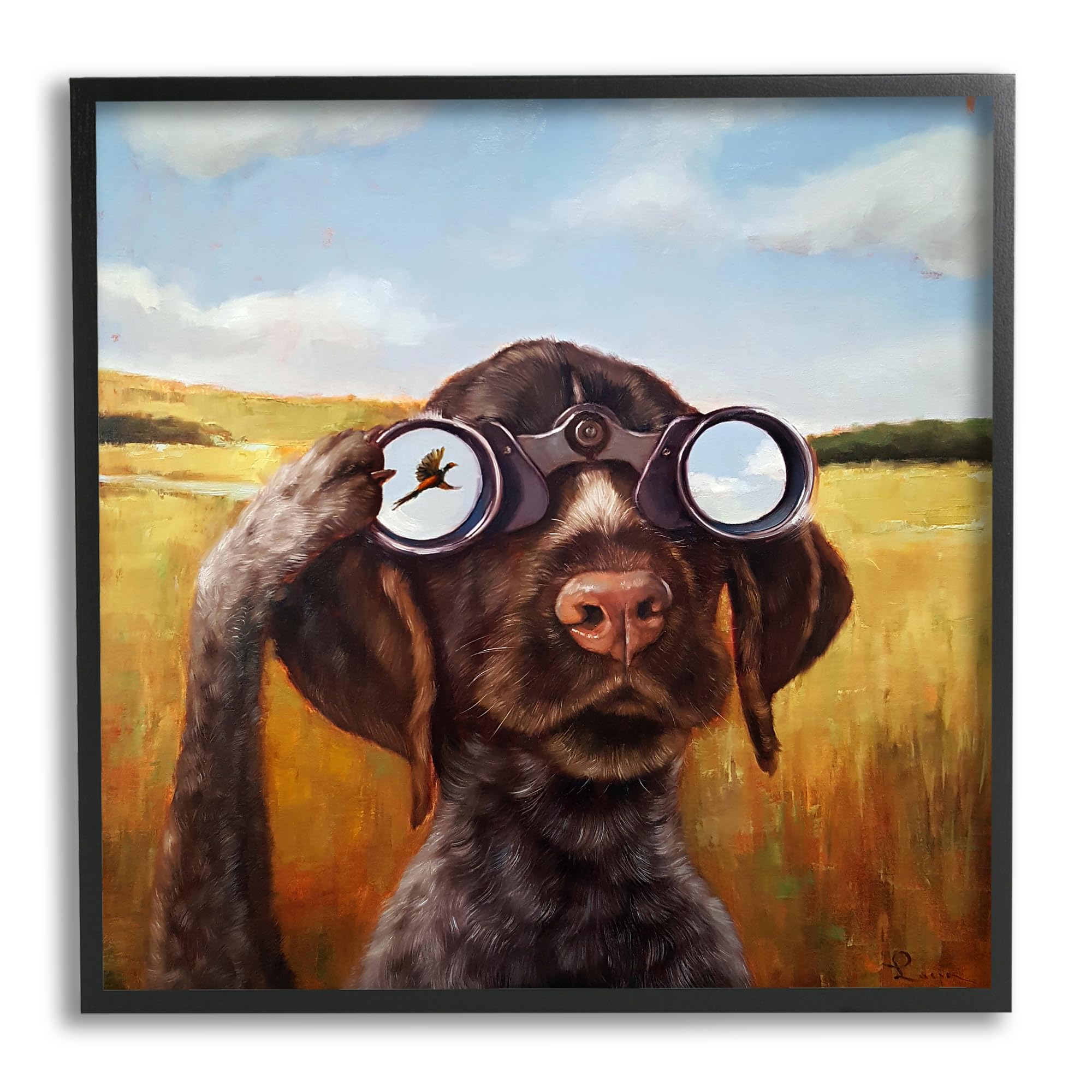 Stupell Industries Dog Watching Bird Binoculars Black Framed Giclee Art Design by Lucia Heffernan