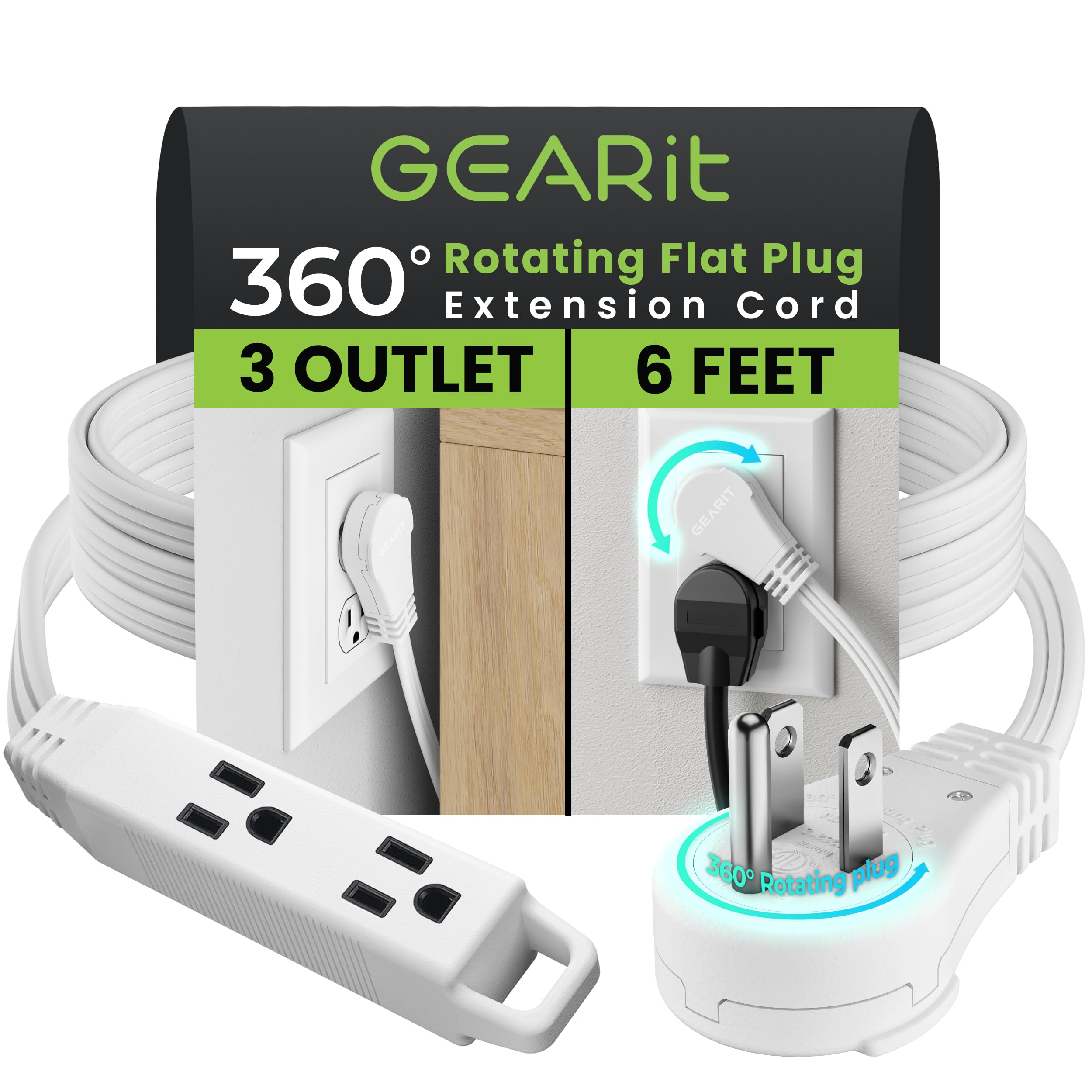 Gearit 360 Rotating Flat Plug Extension Cord (6Ft, White) Multi 3 Outlet Extension 16 Awg Wire, Adapter For Small Spaces, Right