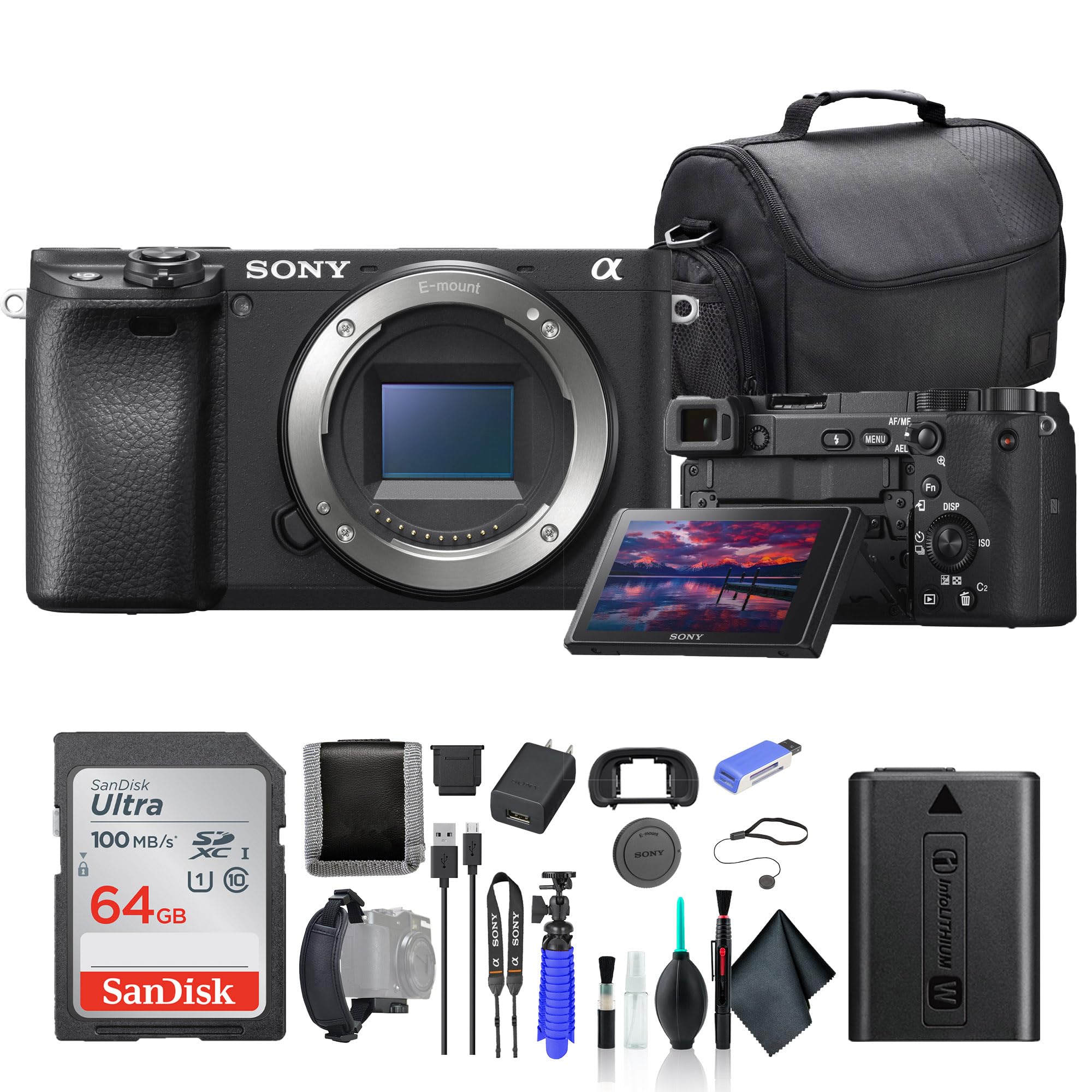 Sony a6400 Mirrorless Camera ILCE-6400/B, 64GB Card, Card Reader, Case, Flex Tripod, Hand Strap, Memory Card Wallet, Cap Keeper,