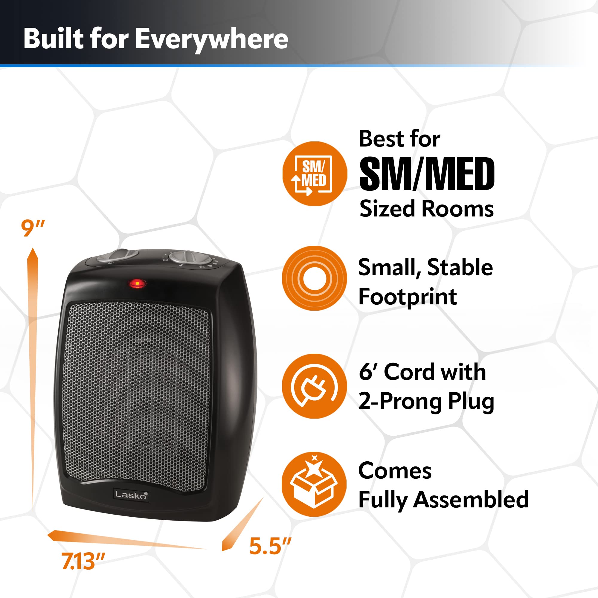 Lasko Cd09250 Ceramic Adjustable Thermostat Tabletop Or Under Desk Heater, 9 Inches High, Black