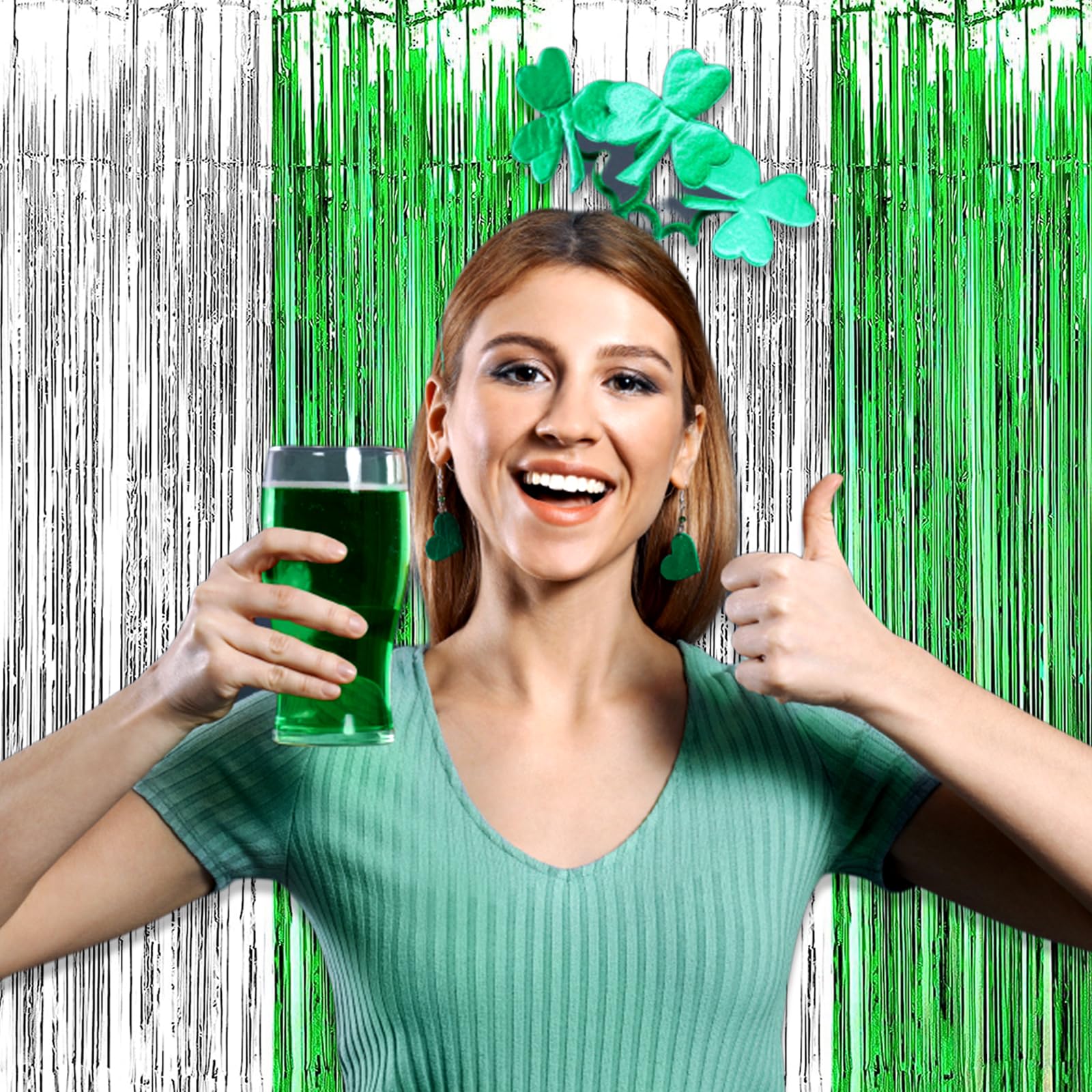 6 Pack Silver Green Foil Fringe Curtain Backdrop, 3.28Ft X 8.2Ft Metallic Tinsel Foil Fringe Streamer Curtains For Photo Booth,