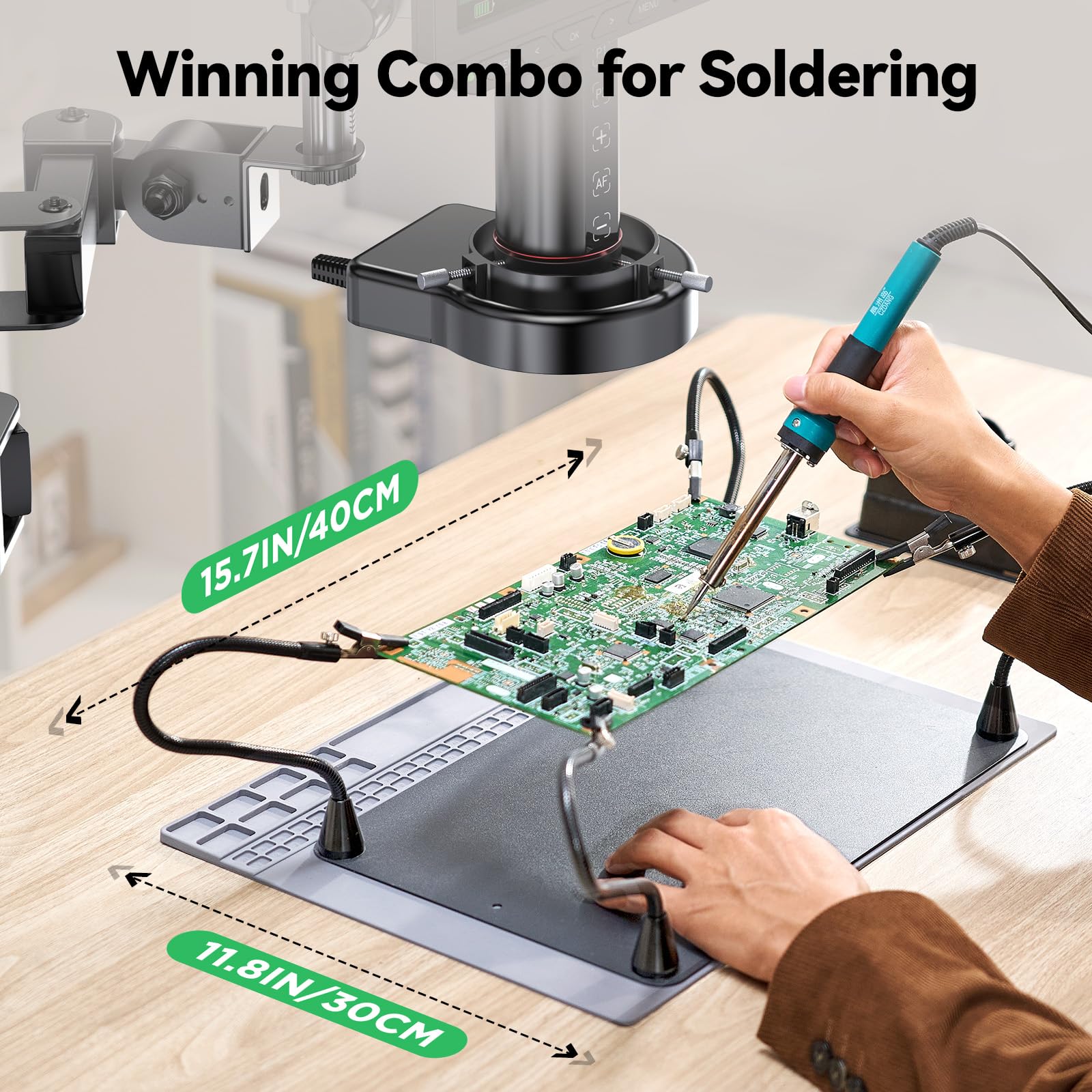 Auto Focus 4K Digital Microscope With Flexible Arm & Helping Hands Station, Hdmi Soldering Magnifier With 8'' Lcd Screen For Ele