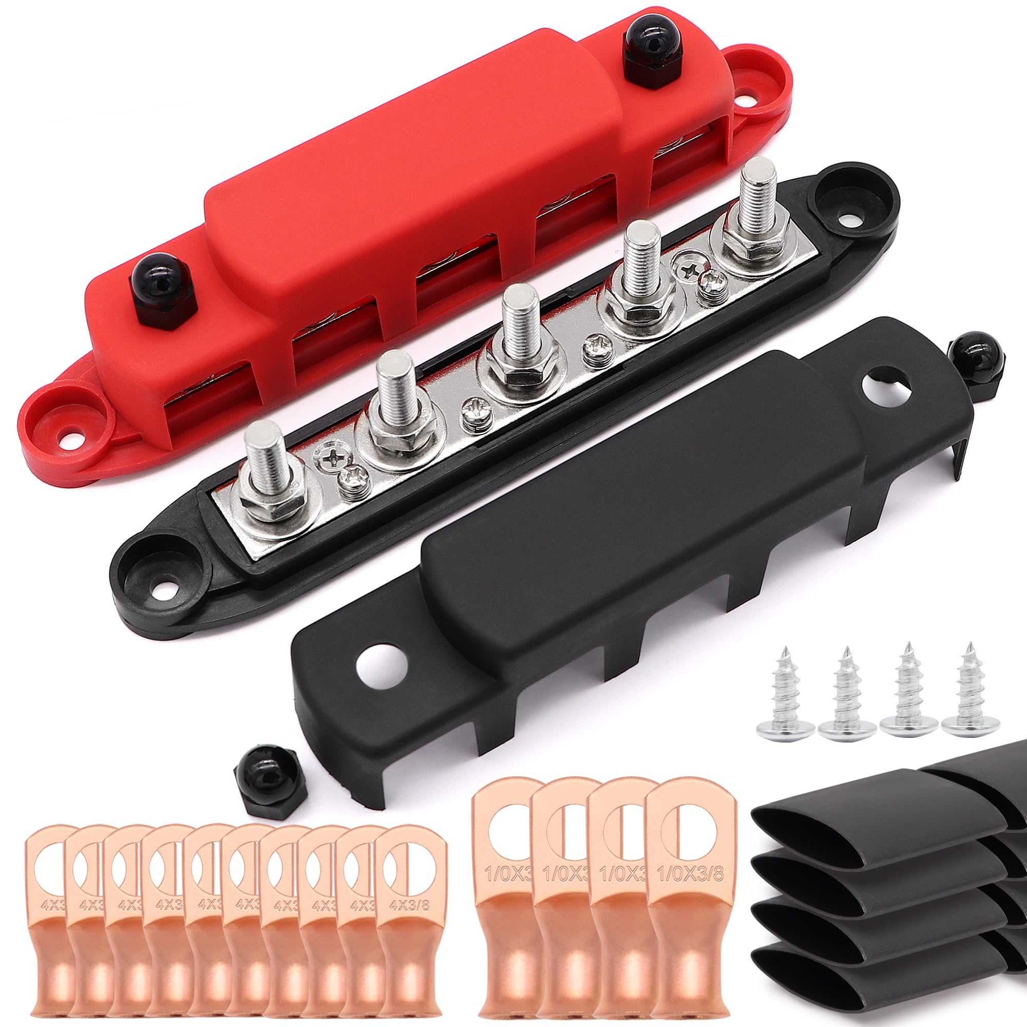 Taxutor 12V Bus Bar 5 Post 300A Power Distribution Block 5/16'' Battery Terminal Block Stud With Cover And Wire Lugs