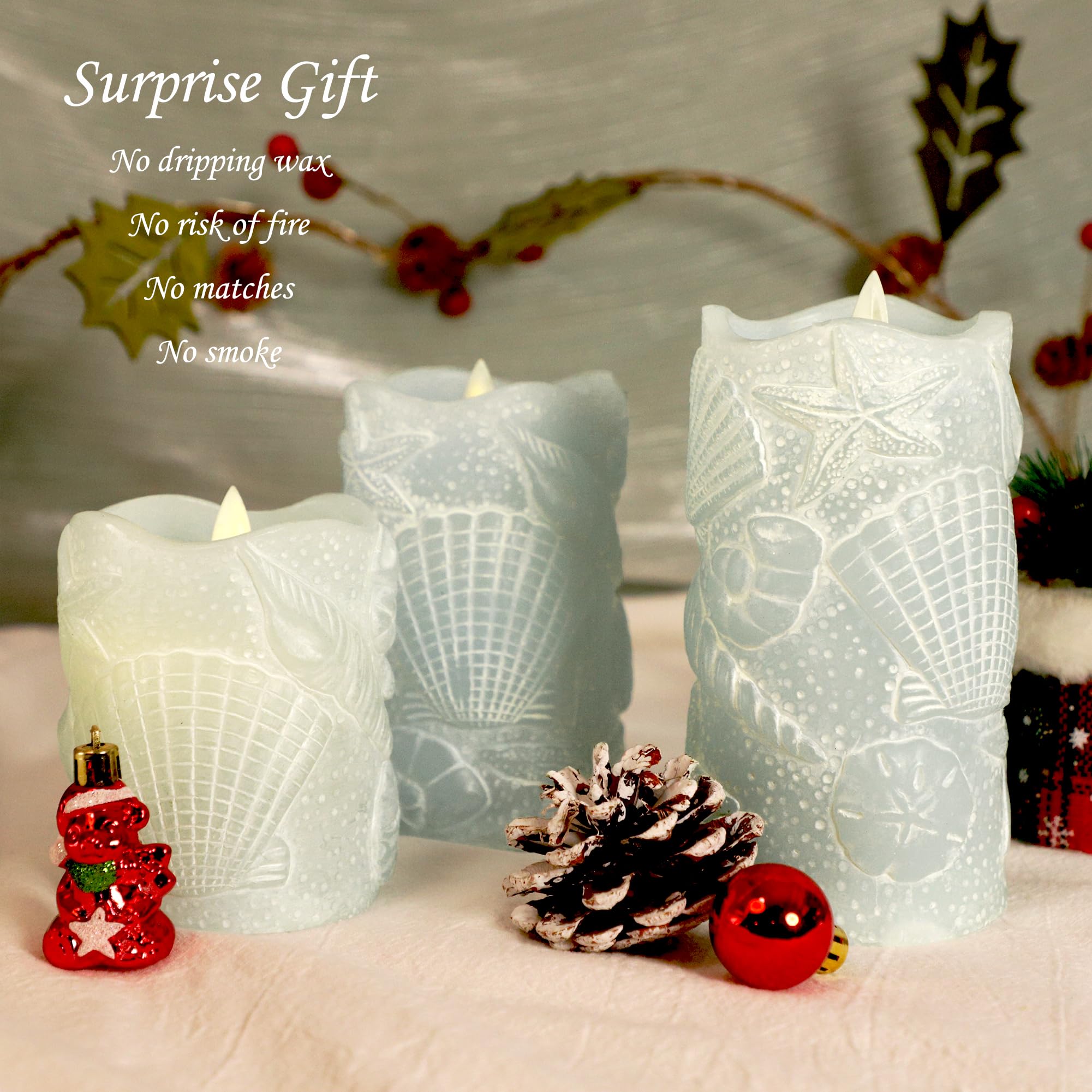 Silverstro Ocean Flameless Candles Remote Carved Seashell Real Wax Flicker Battery Operated Candles For Home Party Wedding Chris