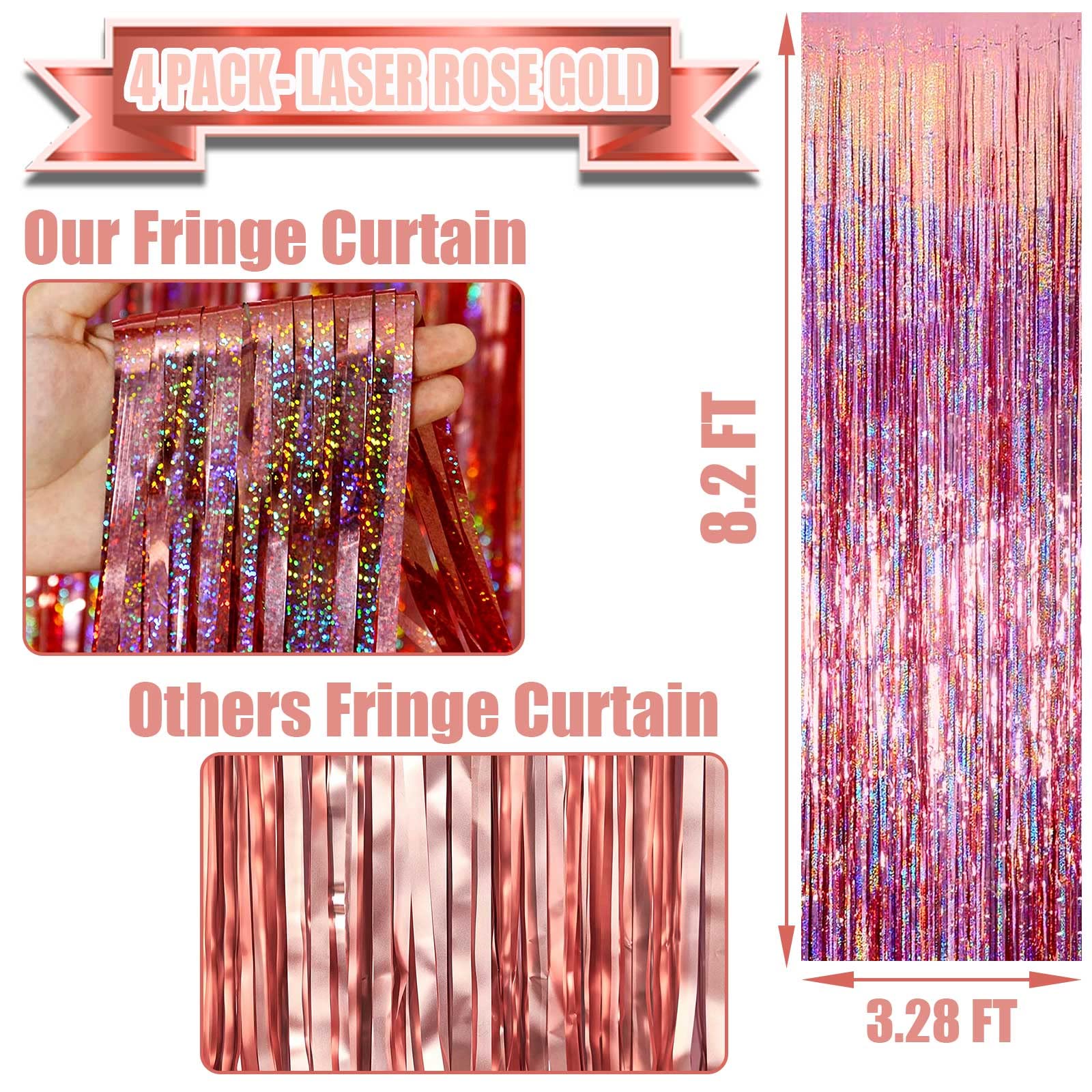 4 Pack Rose Gold Tinsel Foil Fringe Curtain Backdrop, 3.28Ft X 8.2Ft Metallic Streamers For Photo Booth Wedding Bridal Shower Ba