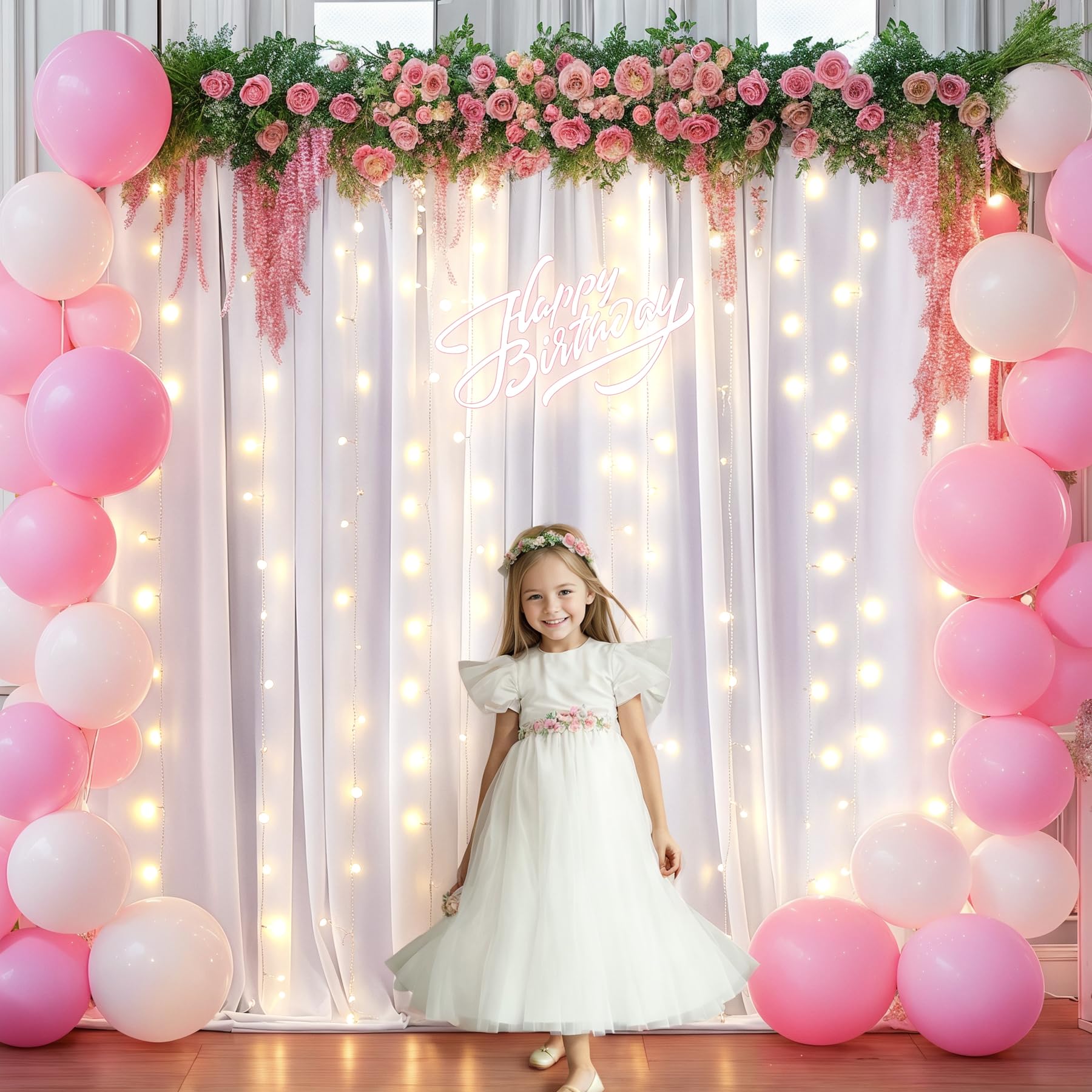 10X10Ft White Backdrop Curtains With Lights String For Wedding Parties, Wrinkle Free Curtains Backdrop For Birthday Party, Photo