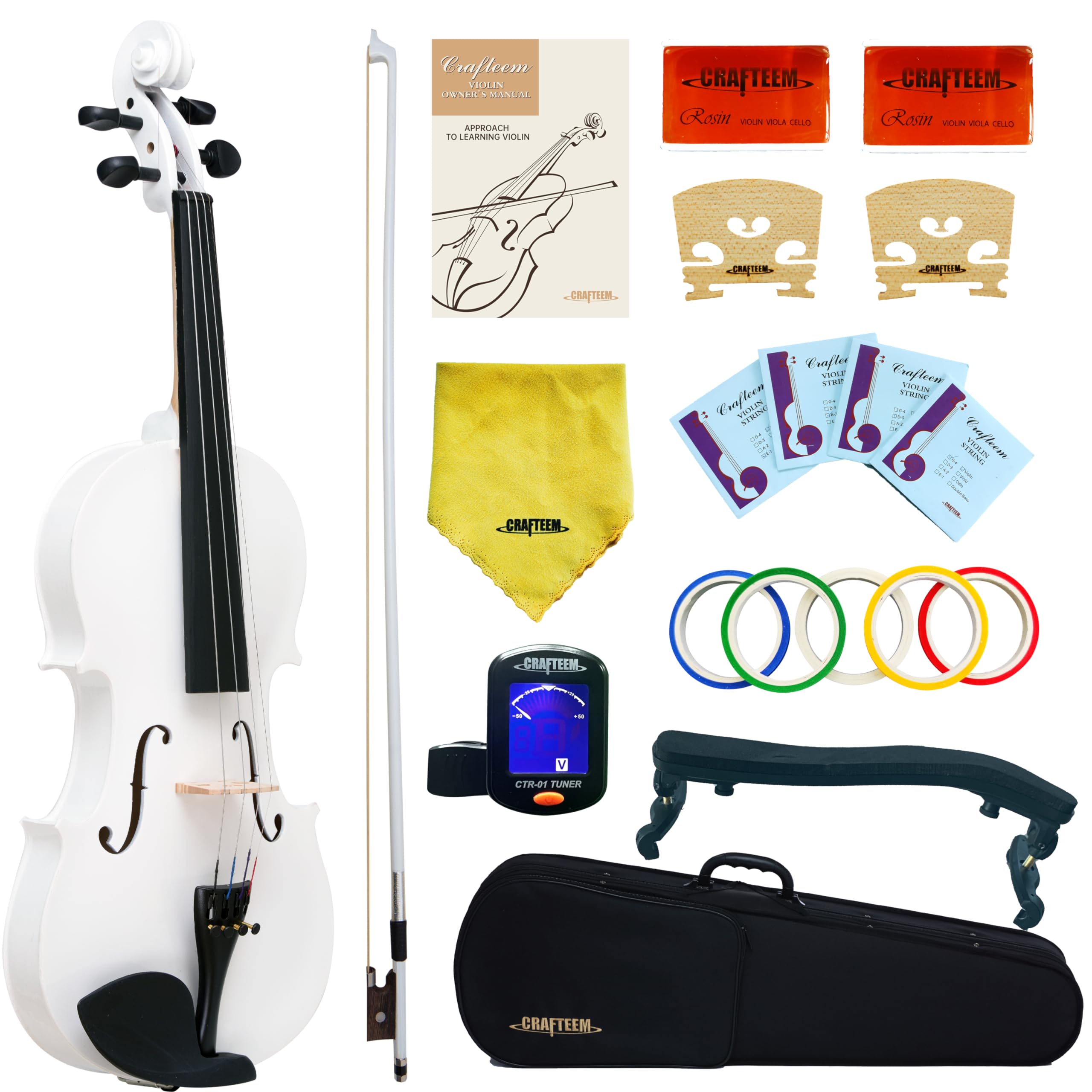 Crafteem 4/4 Full Size Fiddle White Colored Premium Violin Outfit for Beginners Adults Kids With 5 Color Fingering Tape- Handcra