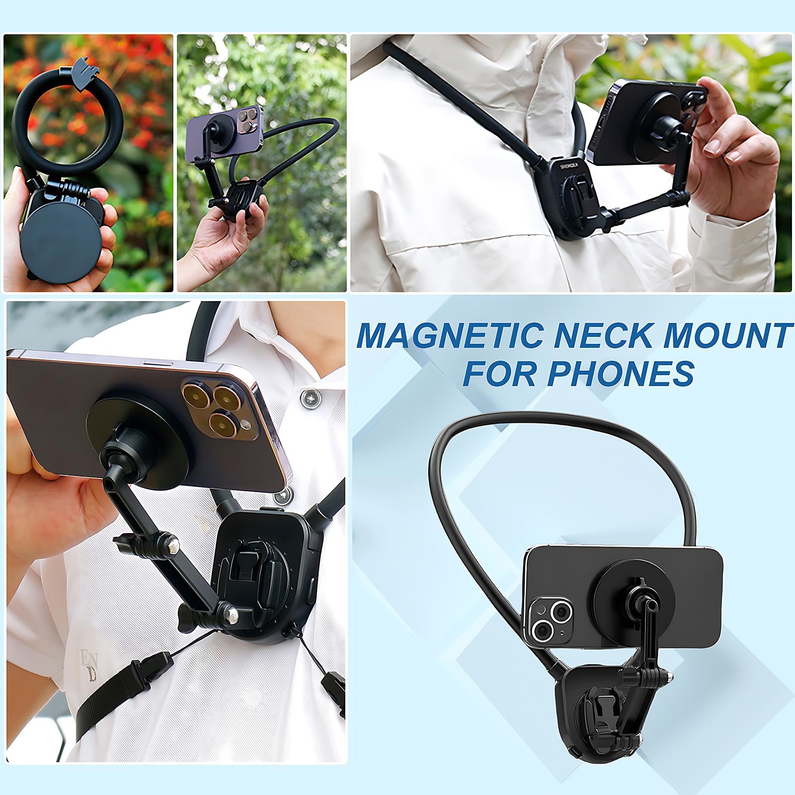 Magnetic Neck Mount For Phones, Cell Phone Holder Around Neck Pov/Vlog Selfie Mount Hand Free Phones Neck Holder Video Recording