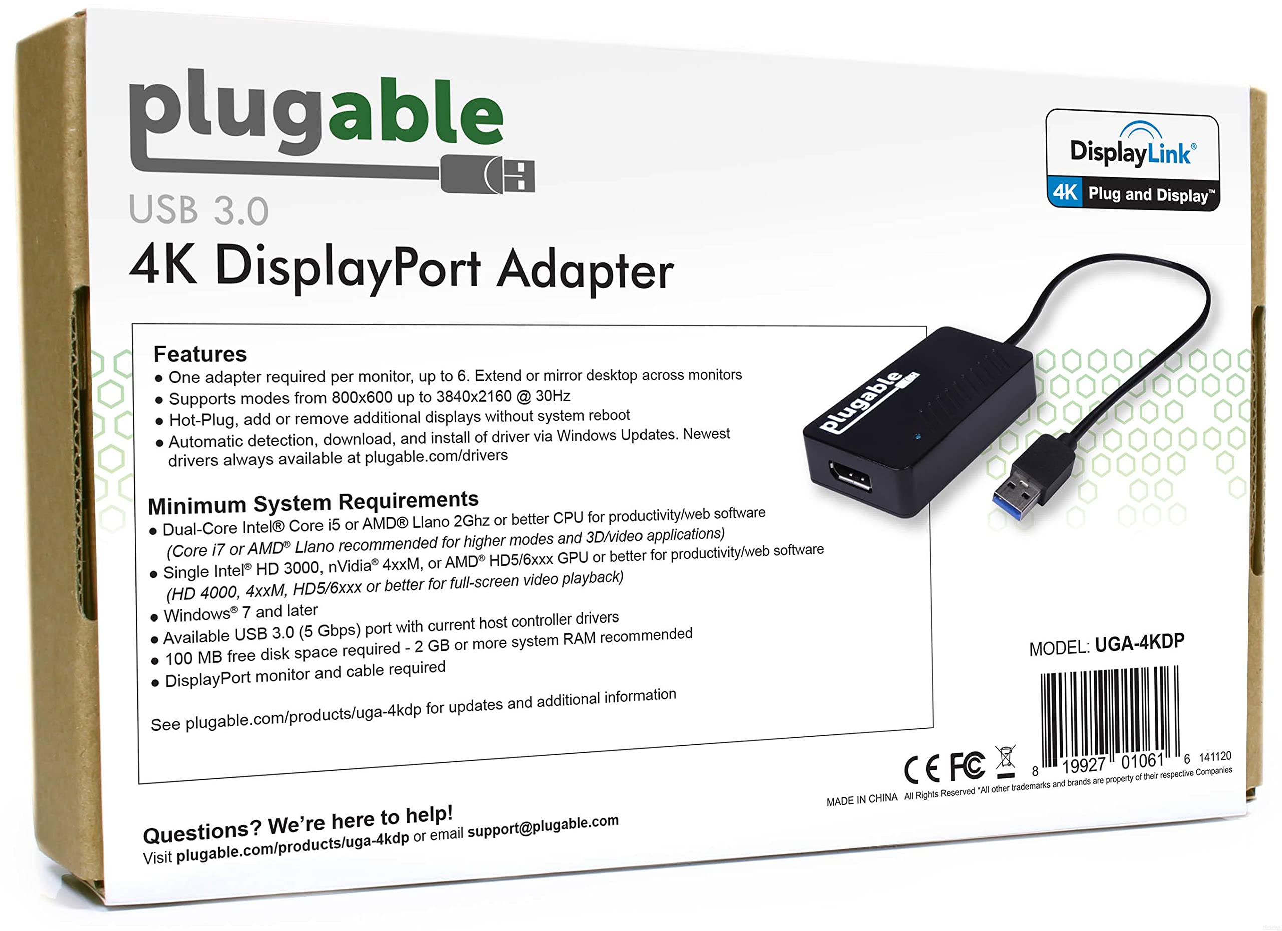 Plugable Usb 3.0 To Displayport 4K Displaylink Video Graphics Adapter For Multiple Monitors Up To 3840X2160 Supports Windows, Ma