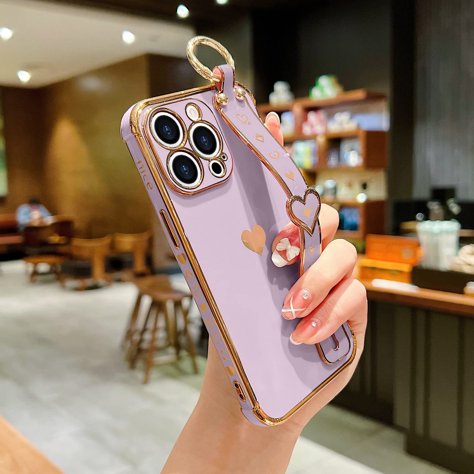 Llz.Coque For Iphone 12 Pro Max Case Cute Love Heart Plating Strap Phone Cover For Women Girls Bling Silicone Camera Lens Protec