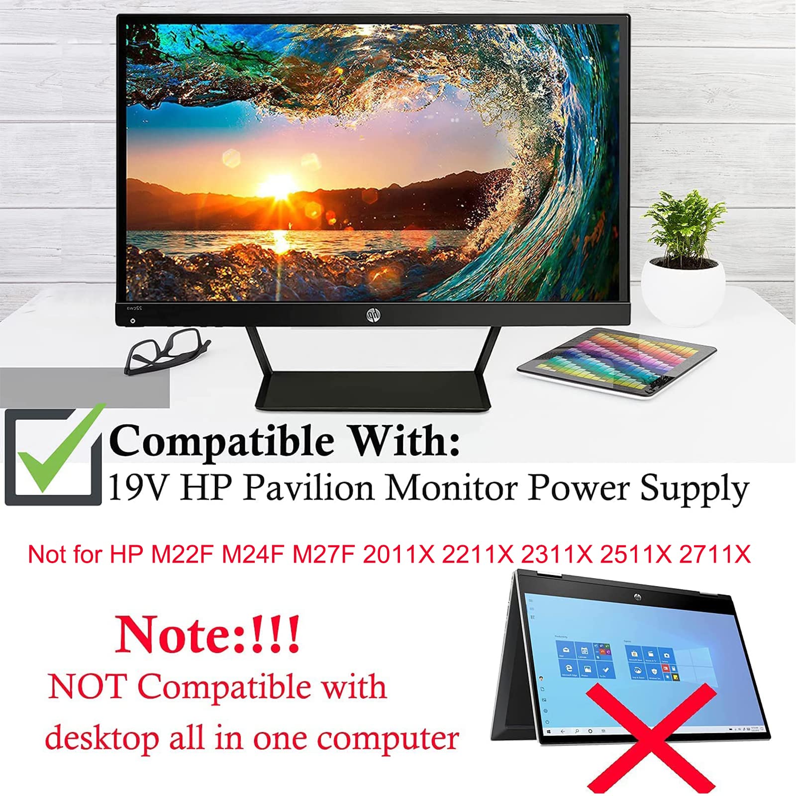 VHBW HP Monitor Power Cord 19V, Black, Compatible with 27" 25" 23.8" Models, Durable ABS Material