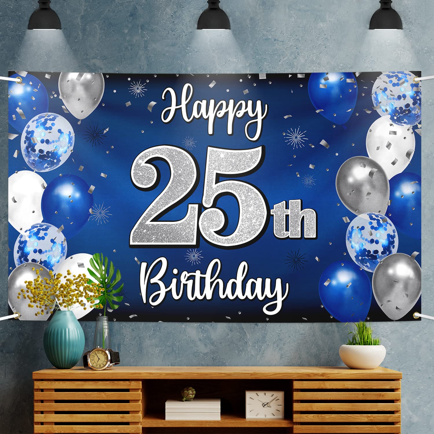 Nelbiirth Happy 25Th Birthday Decorations,25Th Blue & Silver Balloon Large Birthday Banner Backdrop Sign,25Th Bday Party Supplie