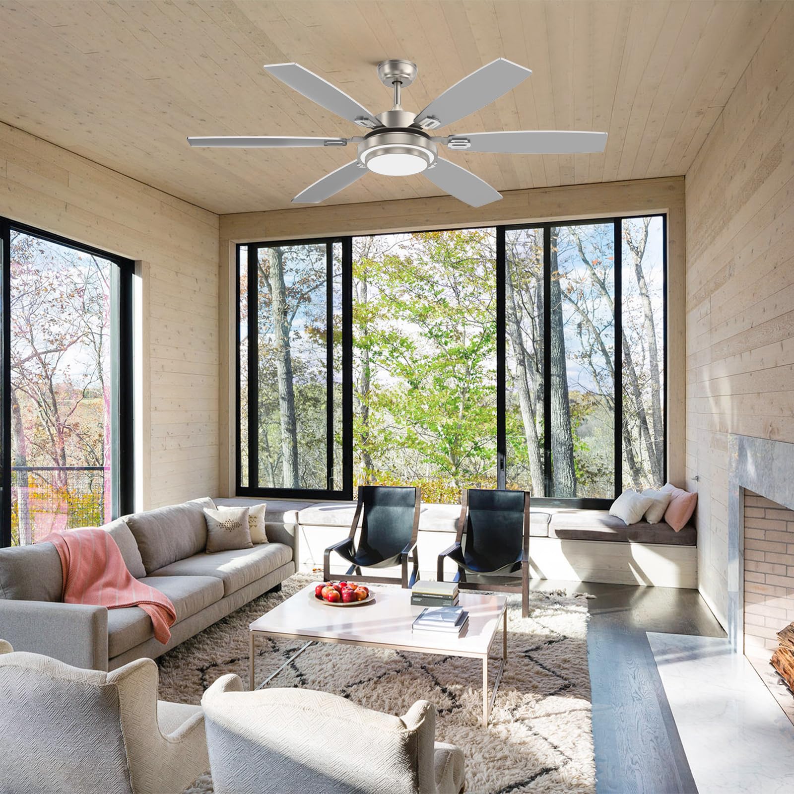 60 Inch Large Ceiling Fans With Lights And Remote Control For Living Room, Modern Nickel Ceiling Fan With Quiet Reversible Dc Mo