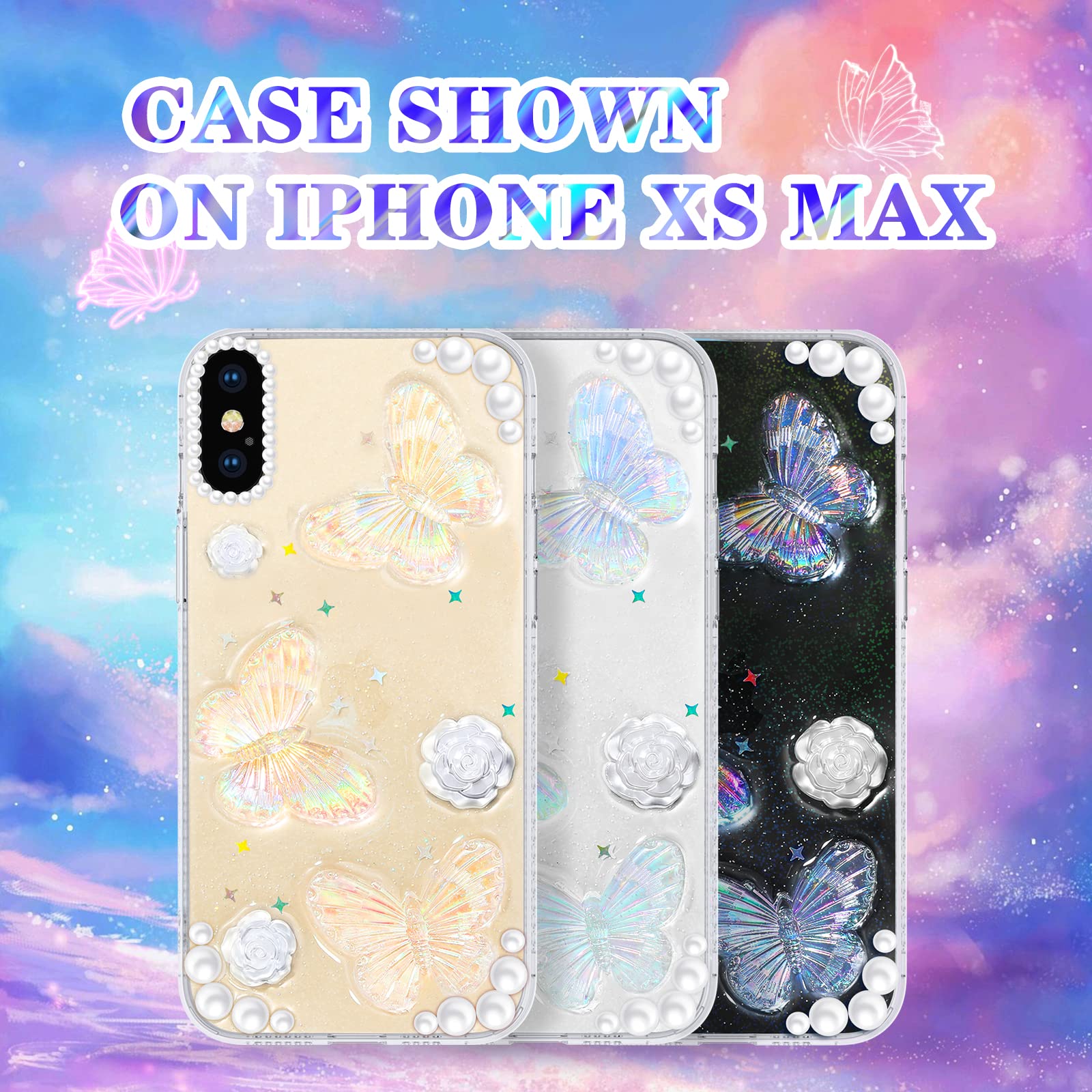 Goocrux (3In1 Case For Apple Iphone Xs Max Butterfly Glitter Handmade Sequin Sparkle Pretty For Women Girls Clear Design Crystal