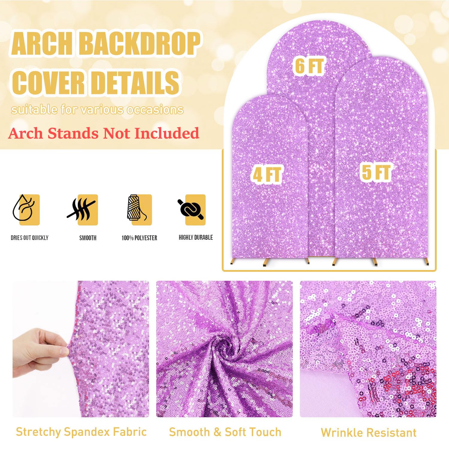 Fuhsy Wedding Arch Stand Cover Lavender Set Of 3 Arch Cover 4Ft 5Ft 6Ft Spandex Sequin Arch Backdrop Covers Lilac Chiara Backdro