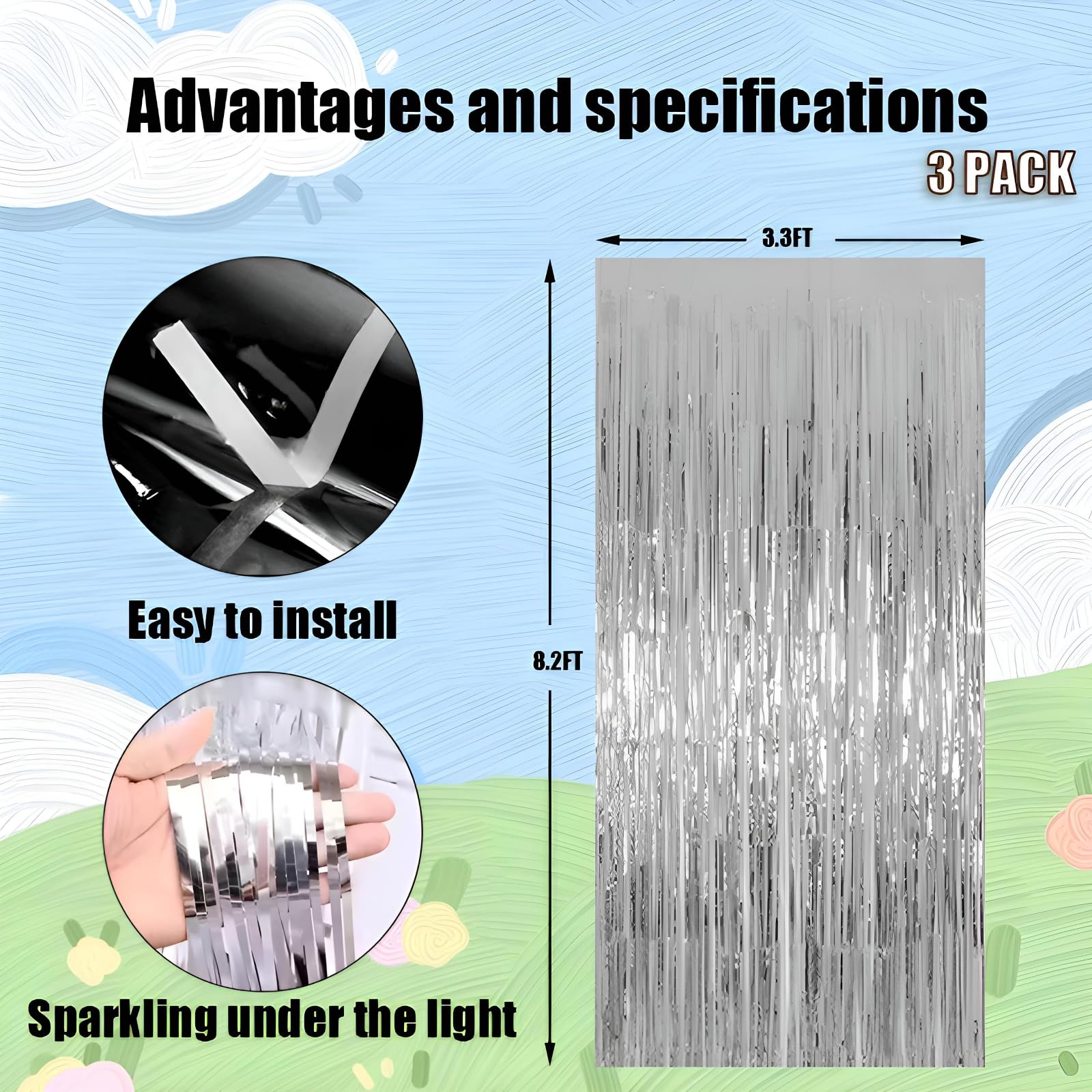 3 Pack 3.3 * 8.3 Ft Foil Curtain Metallic Tinsel Fringe Curtains Photo Booth Props Backdrop For Birthday Wedding Engagement Baby