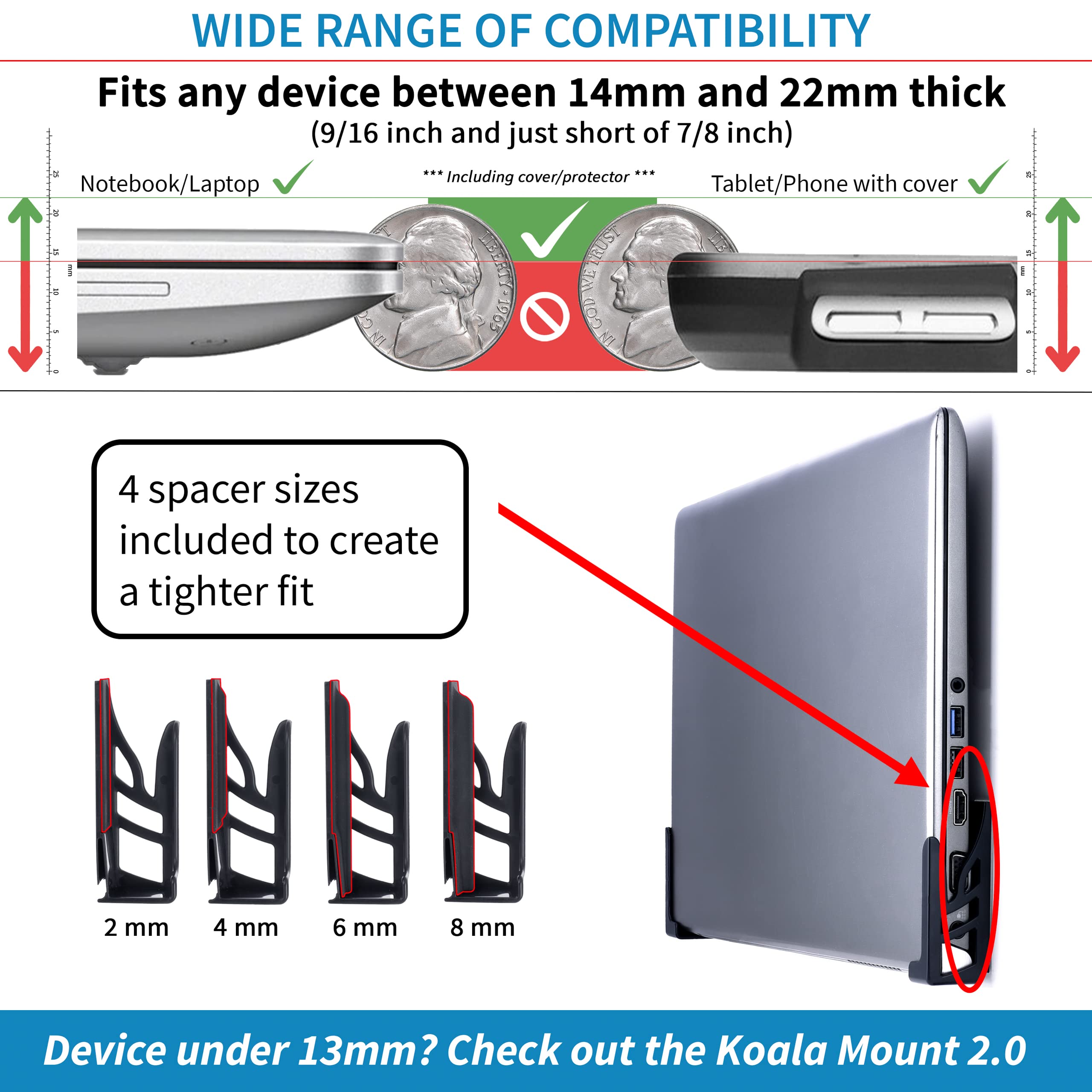 Dockem Koala Wall Mount 2Xl: Damage Free Or Screw In Universal Dock For Laptops, Or Tablets And Smartphones With Thicker Cases (Black)