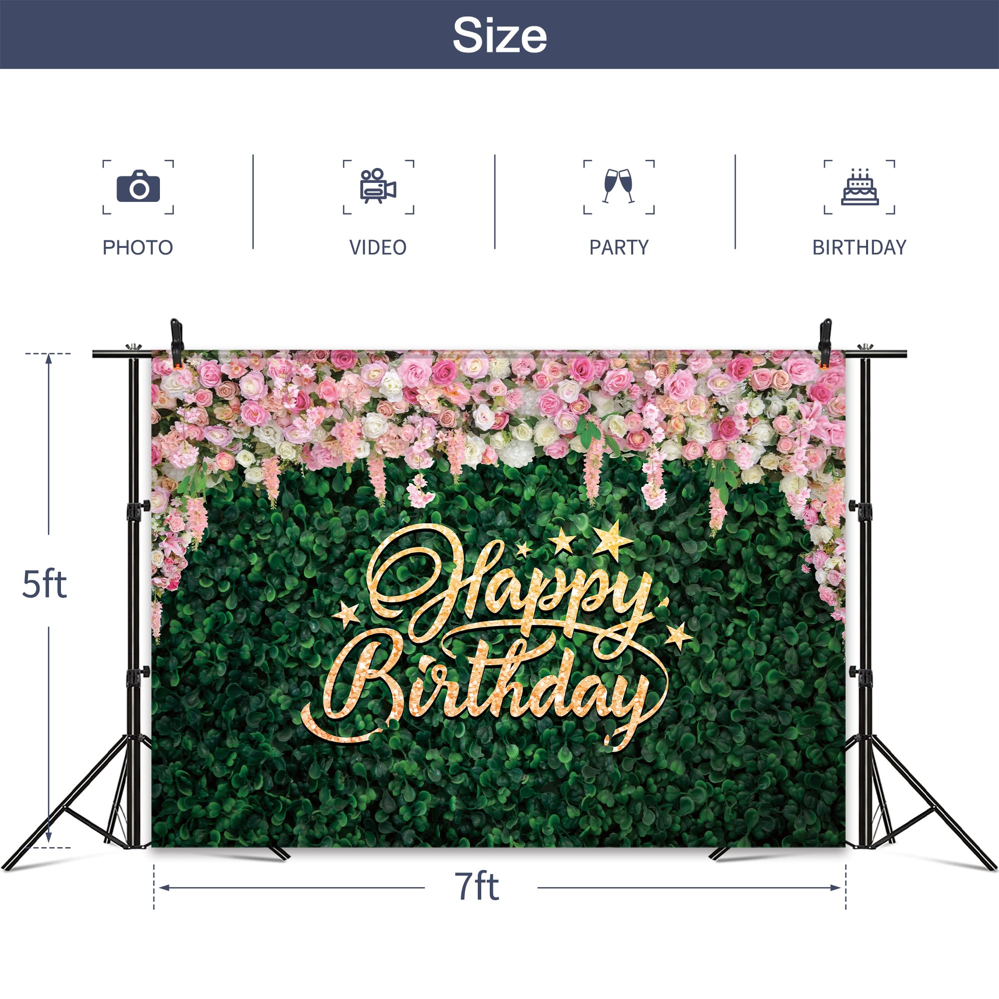 Omifly Pink Rose Green Leaves Happy Birthday 7Wx5H Backdrop For Photography Girls Women Rustic Floral Spring Nature Plant Backgr