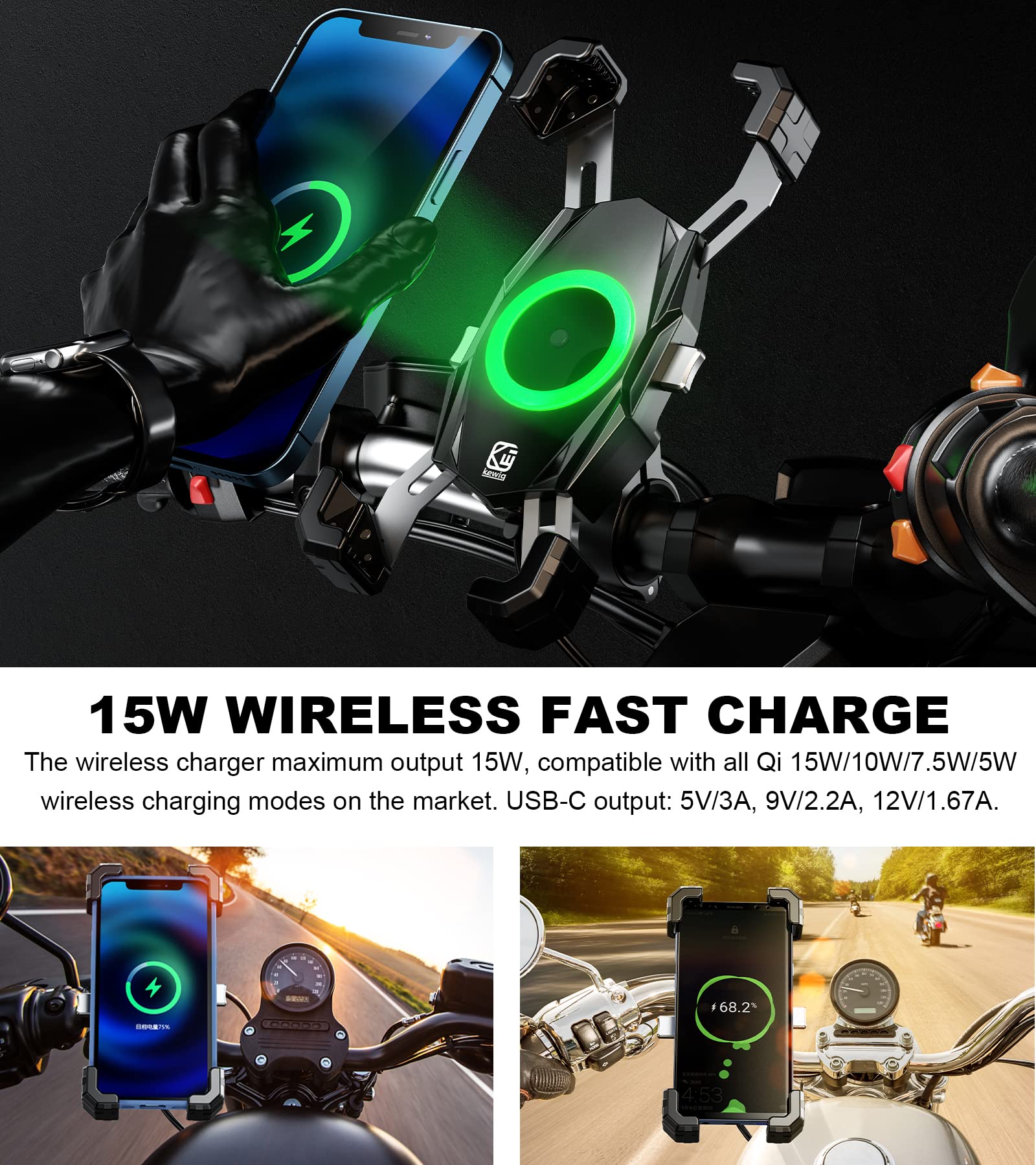 Kewig Motorcycle Phone Mount With Qi 15W Wireless Charger & Usb C 20W Fast Charging Port, One Push Automatically Lock & Quick Re