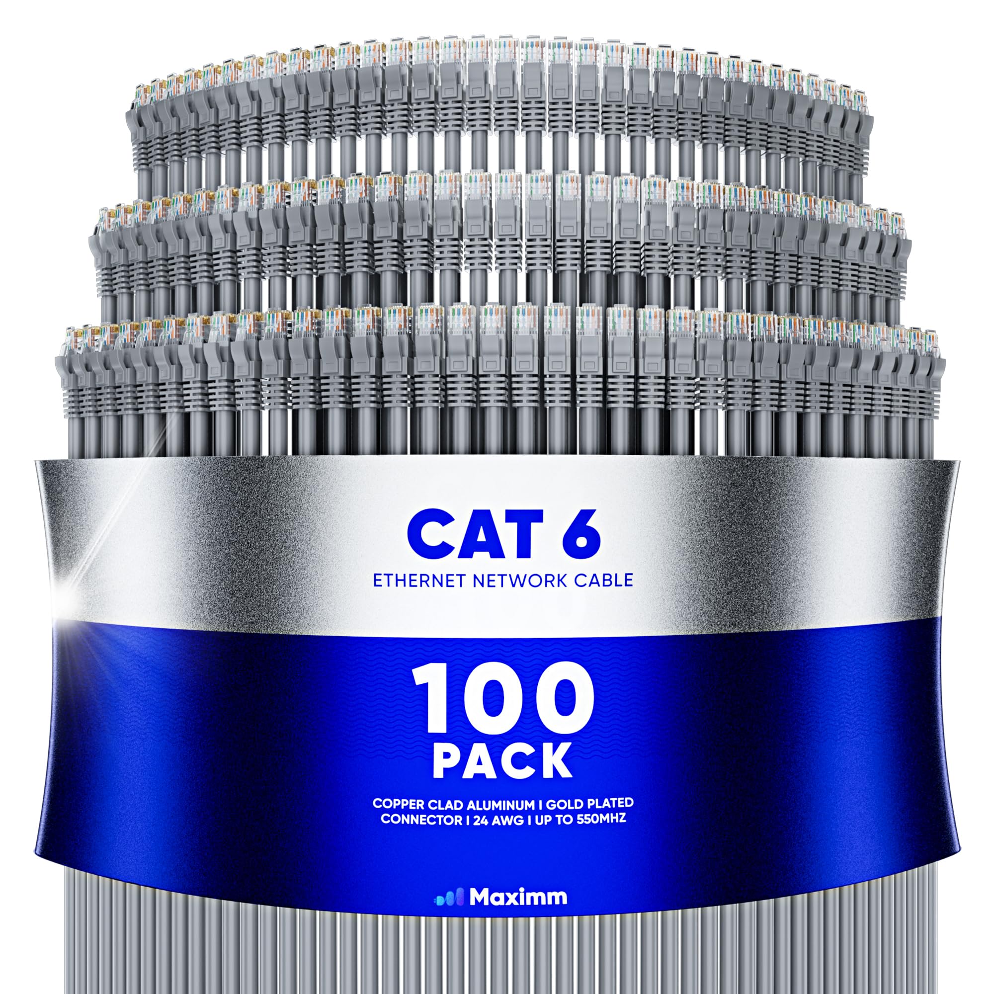 Maximm Cat 6 Ethernet Cable 2 Ft (100 Pack)   High Speed Lan Cable, Internet Cable, Patch Cable, And Network Cable   Utp, 10Gbps, 550Mhz Ethernet Cord   Gray
