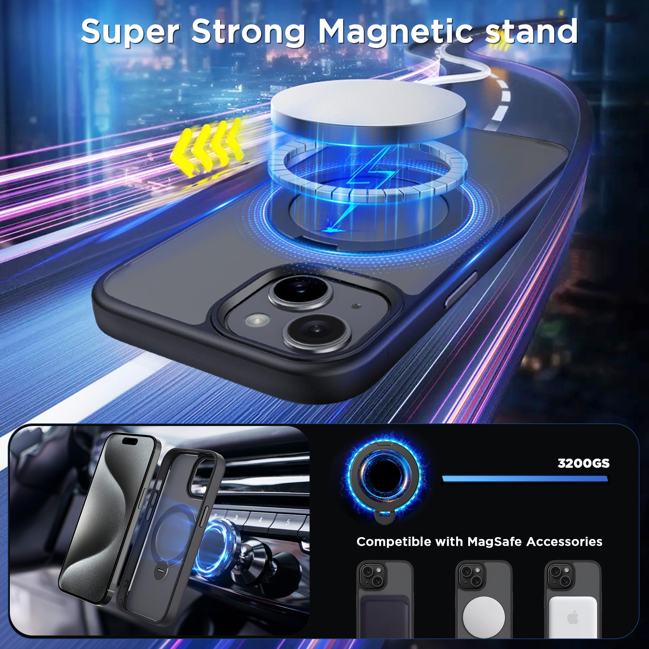 Cacoe Magnetic Case For Iphone 15 6.1 Inch With 360 Rotatable Ring Stand, Compatible With Magsafe Car Phone Mount, Cases Cover P
