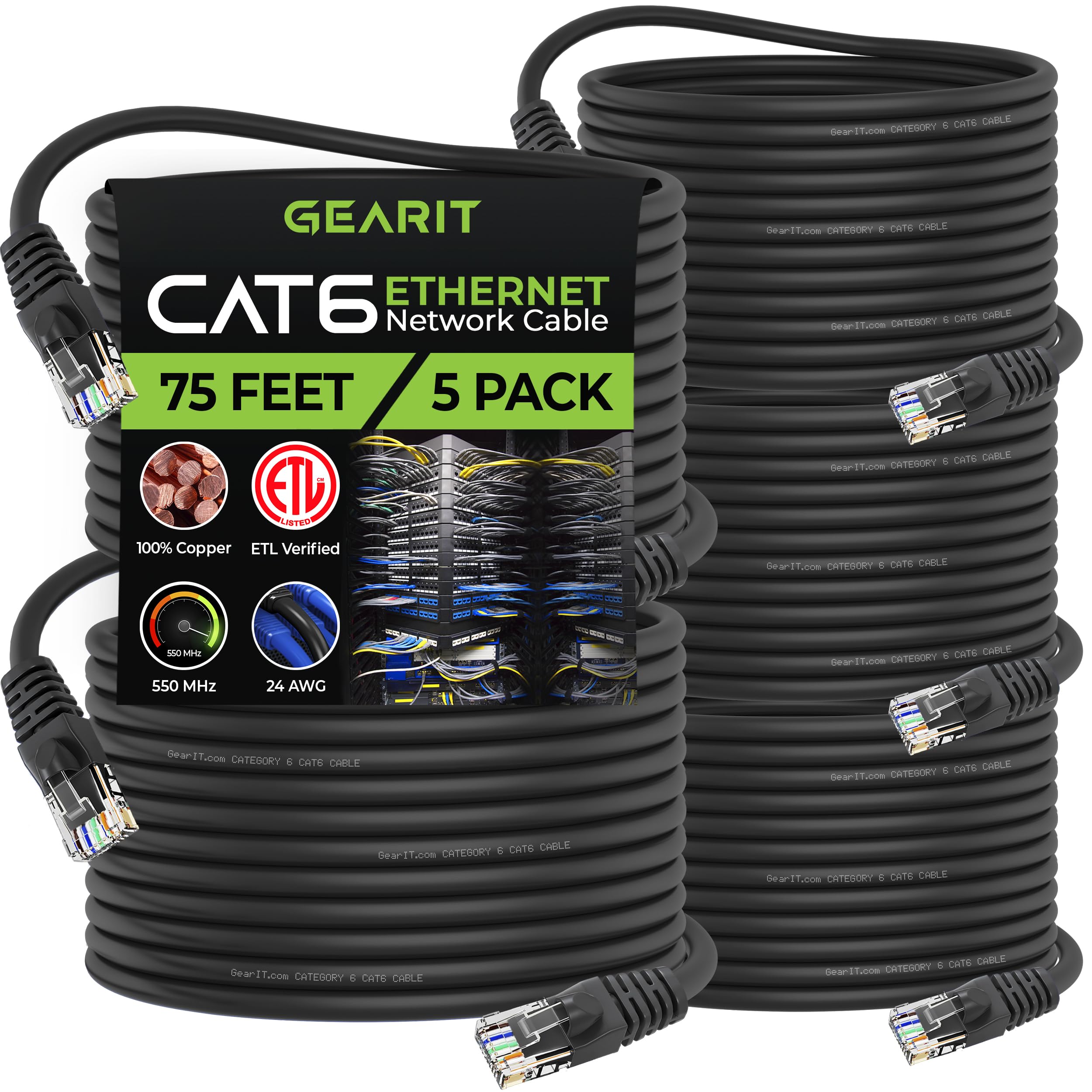 Gearit 5 Pack, Cat 6 Ethernet Cable Cat6 Snagless Patch 75 Feet   Computer Lan Network Cord, Black   Compatible With 5 Port Swit