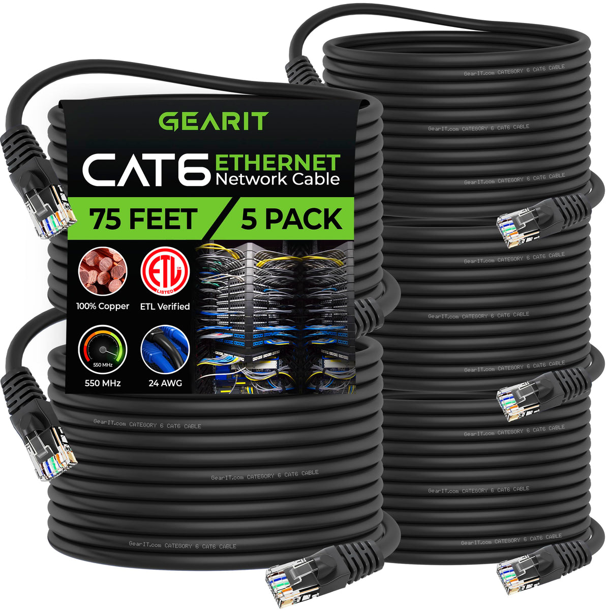 Gearit 5 Pack, Cat 6 Ethernet Cable Cat6 Snagless Patch 75 Feet   Computer Lan Network Cord, Black   Compatible With 5 Port Swit