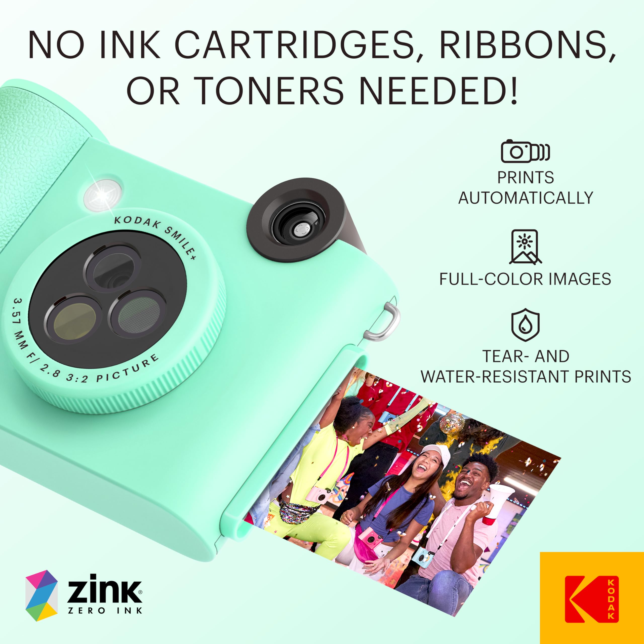 Kodak Smile+ Wireless Digital Instant Print Camera With Effect-Changing Lens, 2X3    Zink Sticky-Backed Photo Prints Mint Green