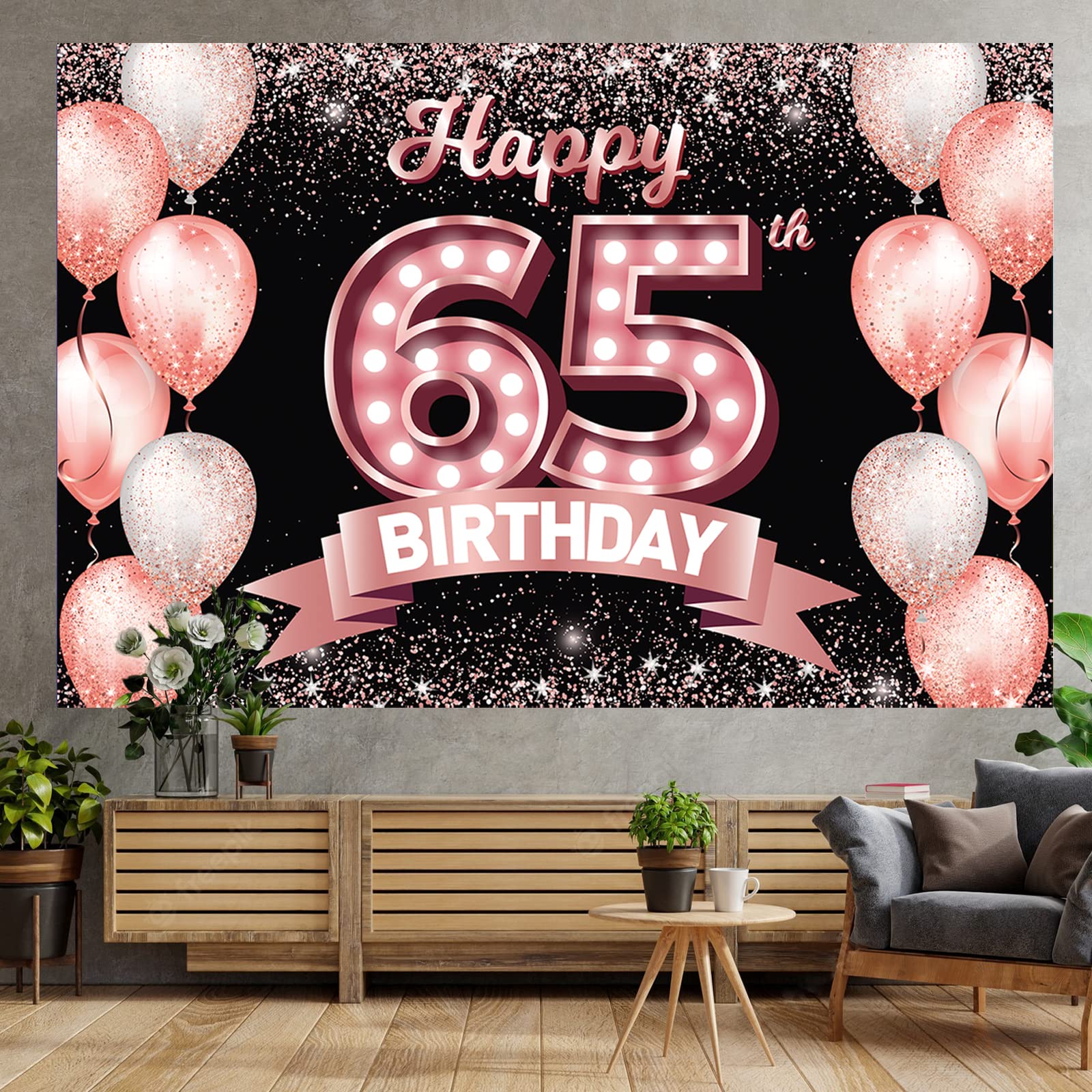 Happy 65Th Birthday Rose Gold Banner Backdrop Cheers To 65 Years Old Confetti Balloons Theme Decor Decorations For Women 65 Year