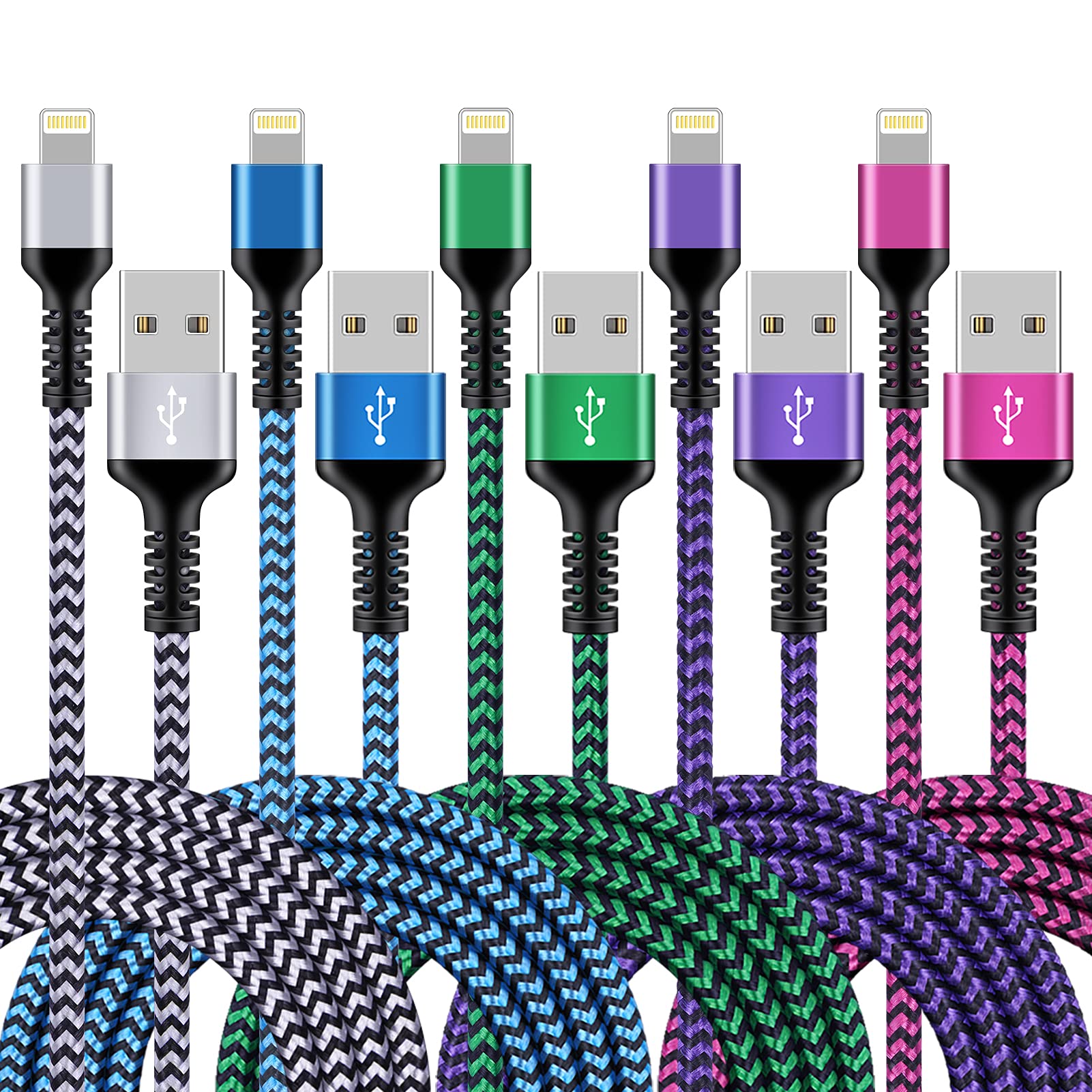 Iphone Charger [5Pack/6Ft], Long Braided Lightning Cables, Fast Charging Power Adapter Cargador Cords For Iphone 14/13/12 Pro Ma