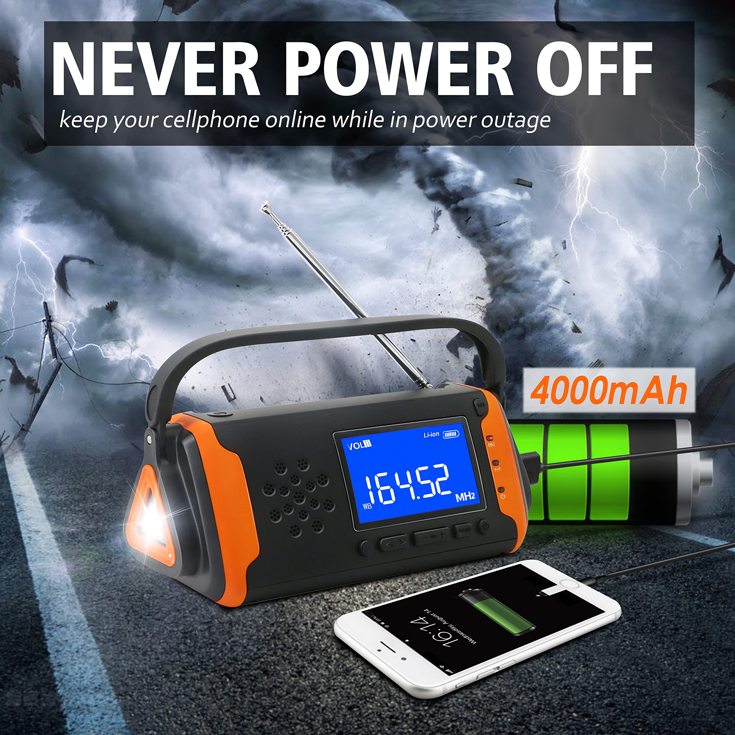 14800Mwh Emergency Noaa Weather Alert Radio: Hand Crank Solar Portable Radio With Battery Operated, Lcd Display, Aux Music Play, Flashlight, Sos Alarm, Emergency Phone Charger For Outdoor Emergency