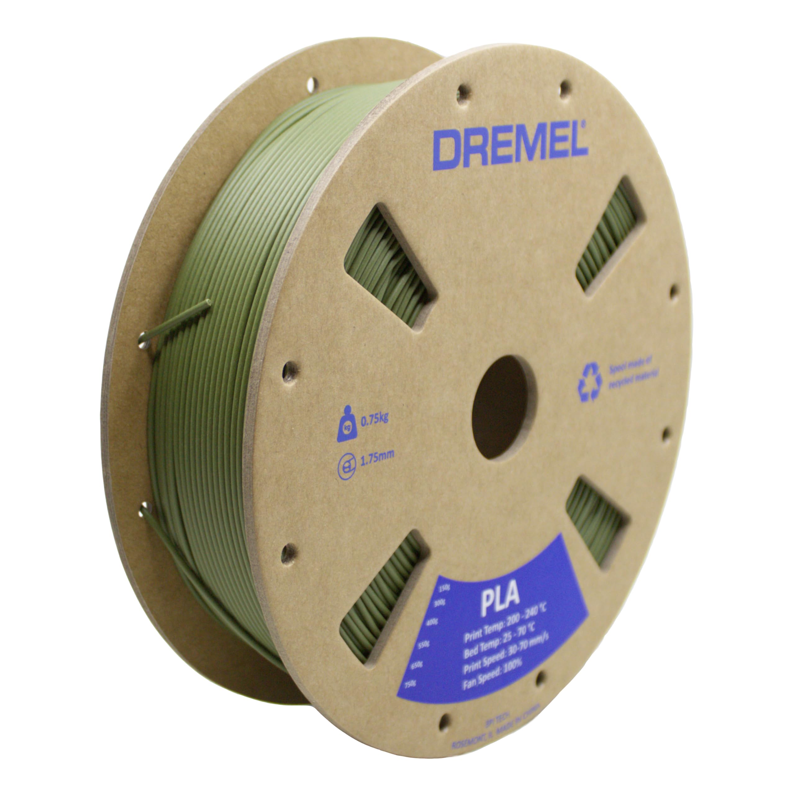 Dremel PLA-OLI-01 3D Printer Olive Green Filament - Matte Finish, 1.75 mm Dia., 0.75 kg Spool Weight, RFID Enabled, New Cardboar