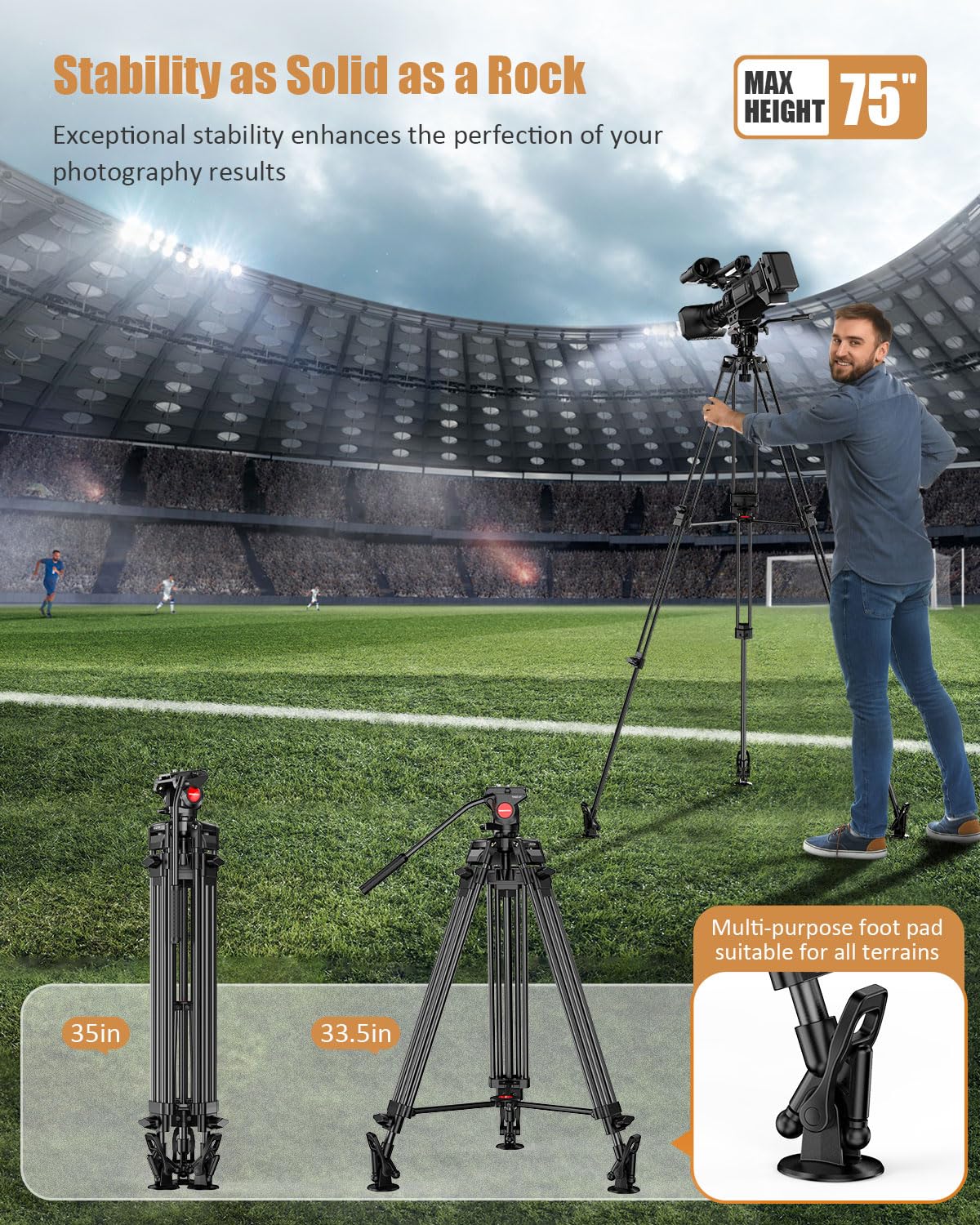 Cambofoto 74'' Video Tripod With Fluild Head, Professional Aluminum Heavy Duty Film Tripod Stand For Canon Nikon Dslr/Slr Camera