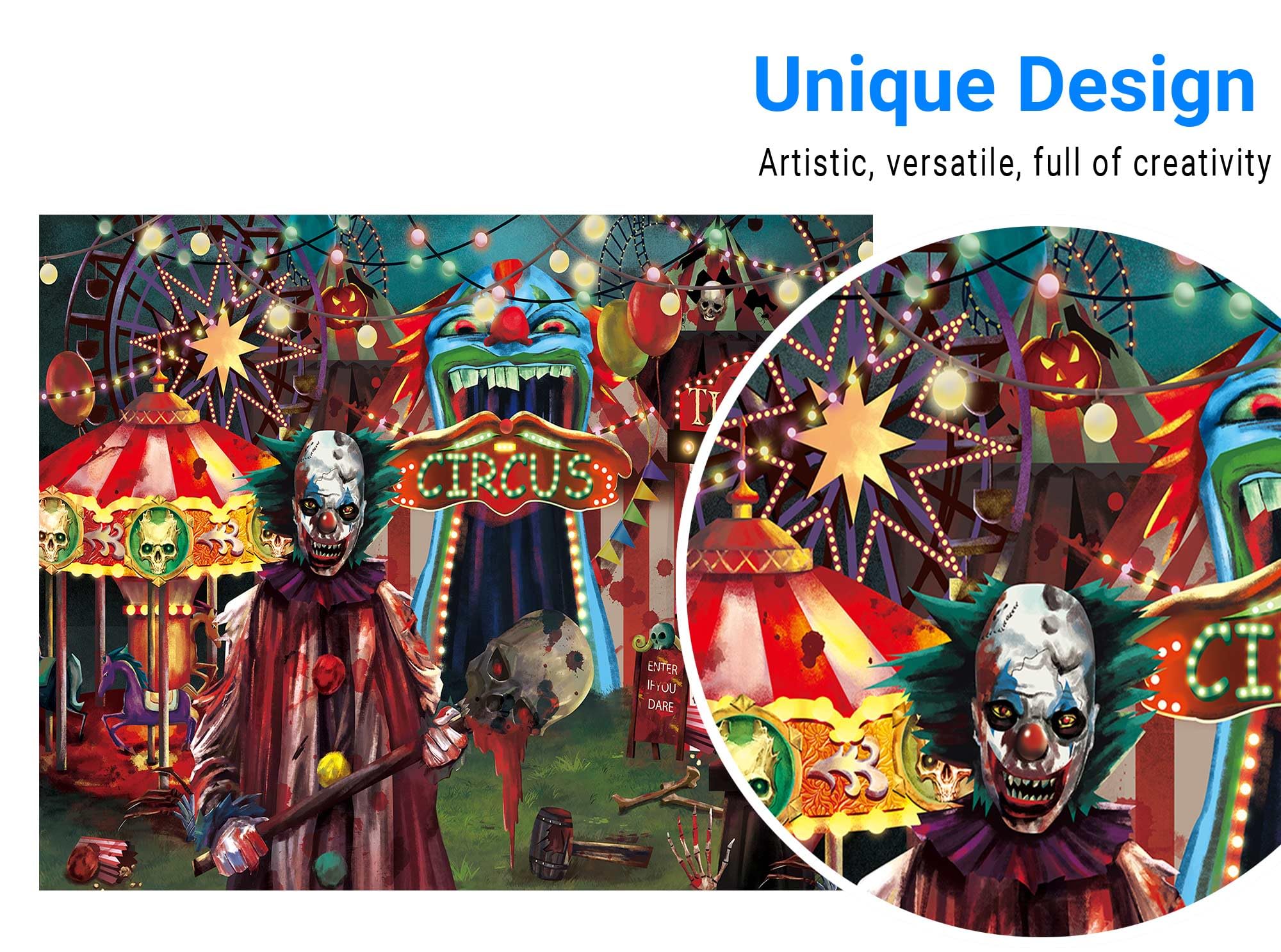 Funnytree 10X8Ft Halloween Evil Circus Theme Backdrop For Photography Clown Creepy Carnival Haunted House Horror Scary Birthday Party Decorations Banner Home Decor Photo Booth Props Background