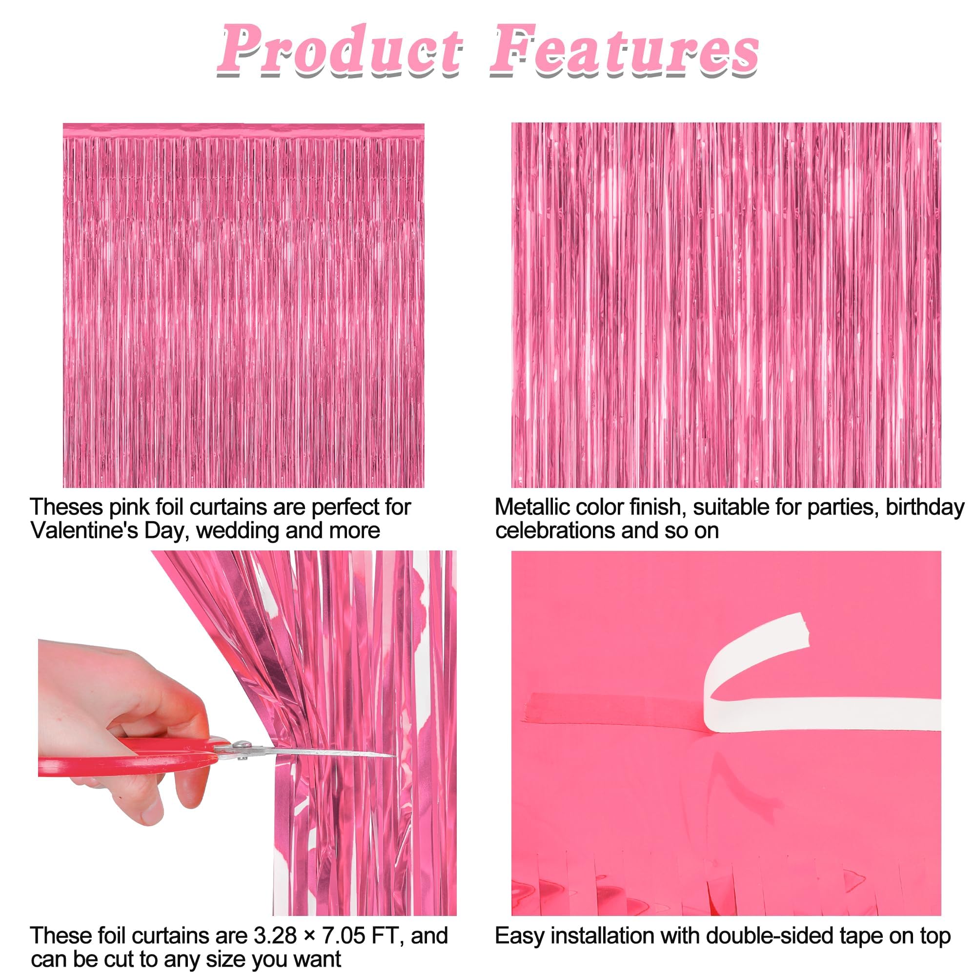 4 Pack Birthday Decorations, 3.28 Ft X 7.05 Ft Pink Backdrop, Metallic Happy Birthday Backdrop Fringe Curtains Party Streamer, B