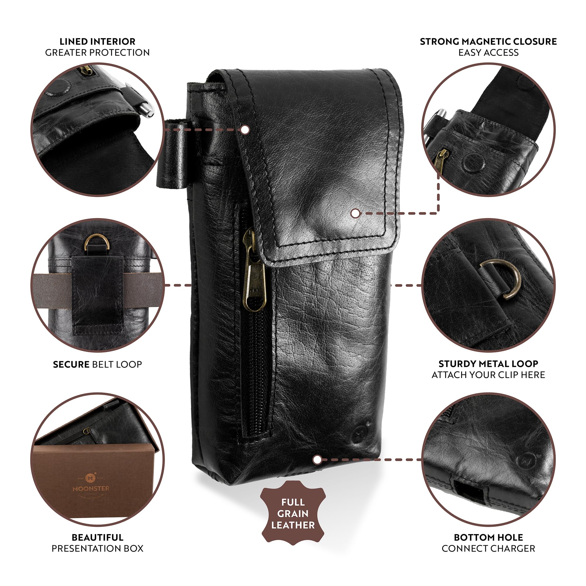 Moonster Leather Phone Holster - Genuine Full-Grain Buffalo Leather Pouch for Large Smartphones, 7”H x 3.5"W, Black, Model PHBLK23