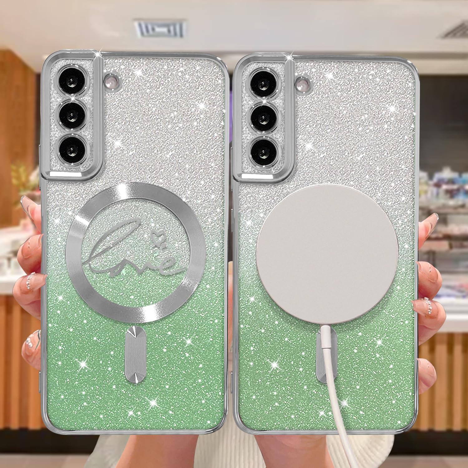 Zonrw For Samsung Galaxy S21 Case Magnetic,For Women Girl Soft Cute Luxury Love Heart Plating Bling Gradient Glitter Clear Phone