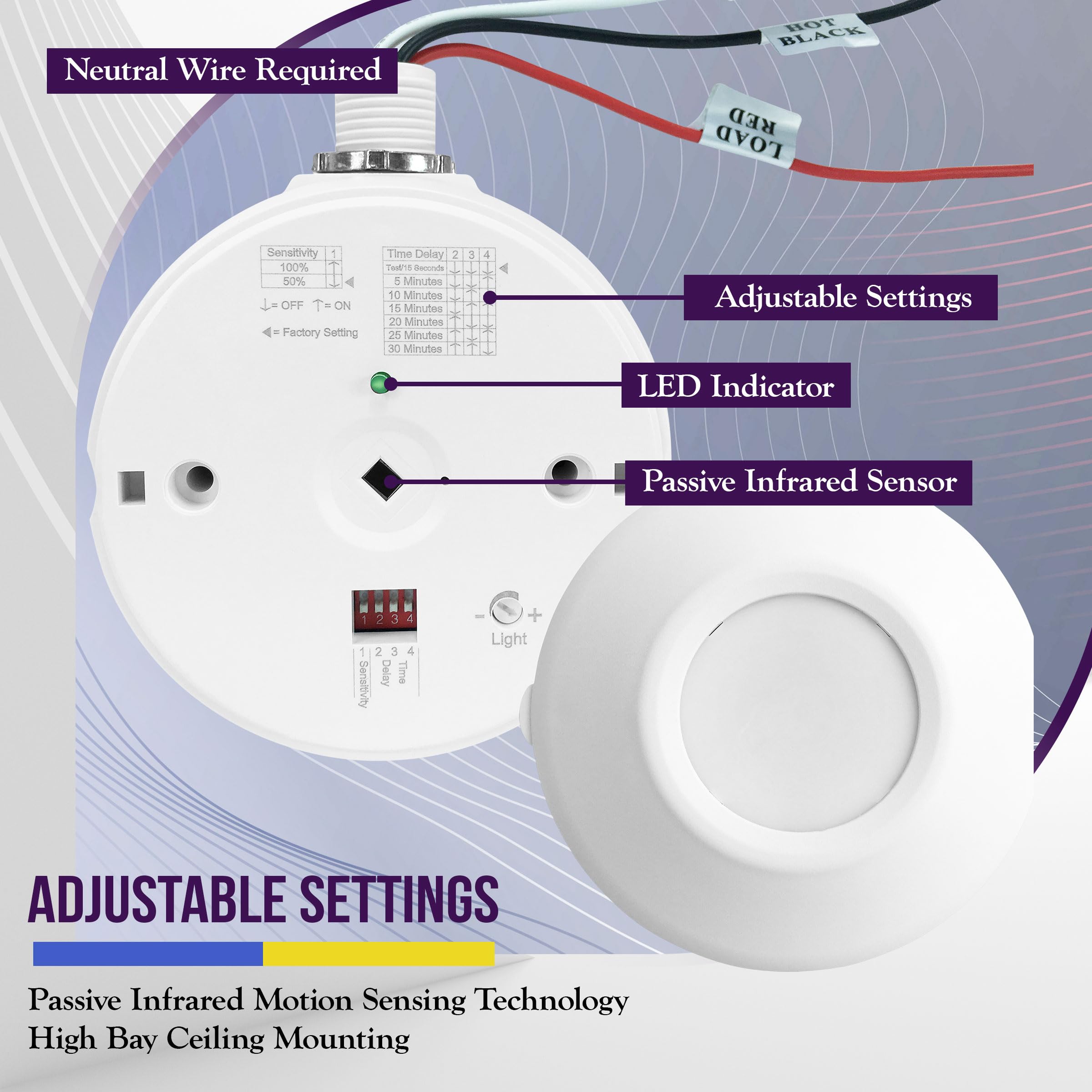Enerlites High Bay Ceiling Motion Sensor, Passive Infrared Pir Ceiling Sensor, 360 Field Of View, 2800 Sq Ft Coverage, 120 277Va