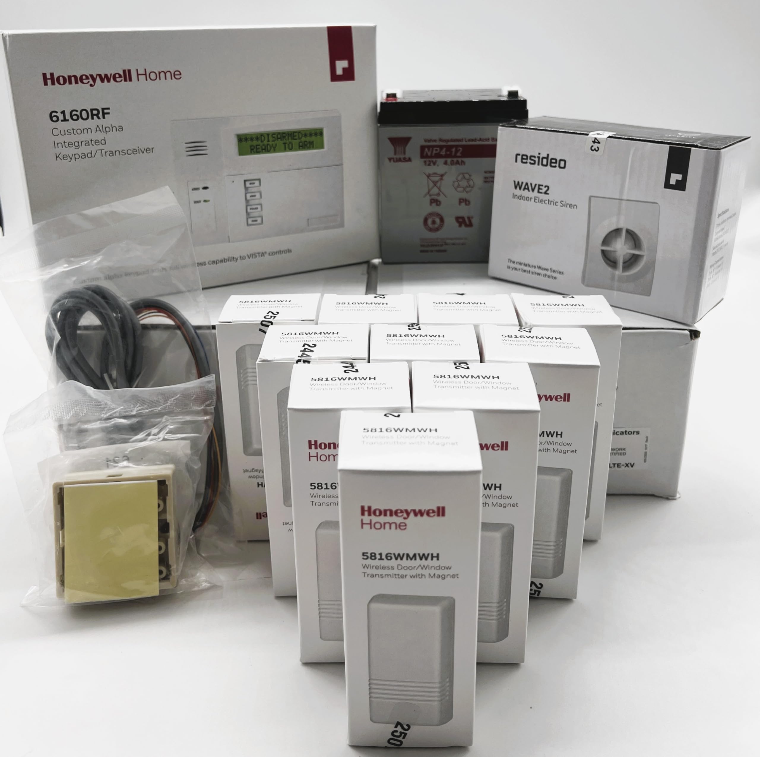 Honeywell Vista 20P, 6160RF, (10) 5816WMWH, Battery, Siren, Jack and Cord Kit Package