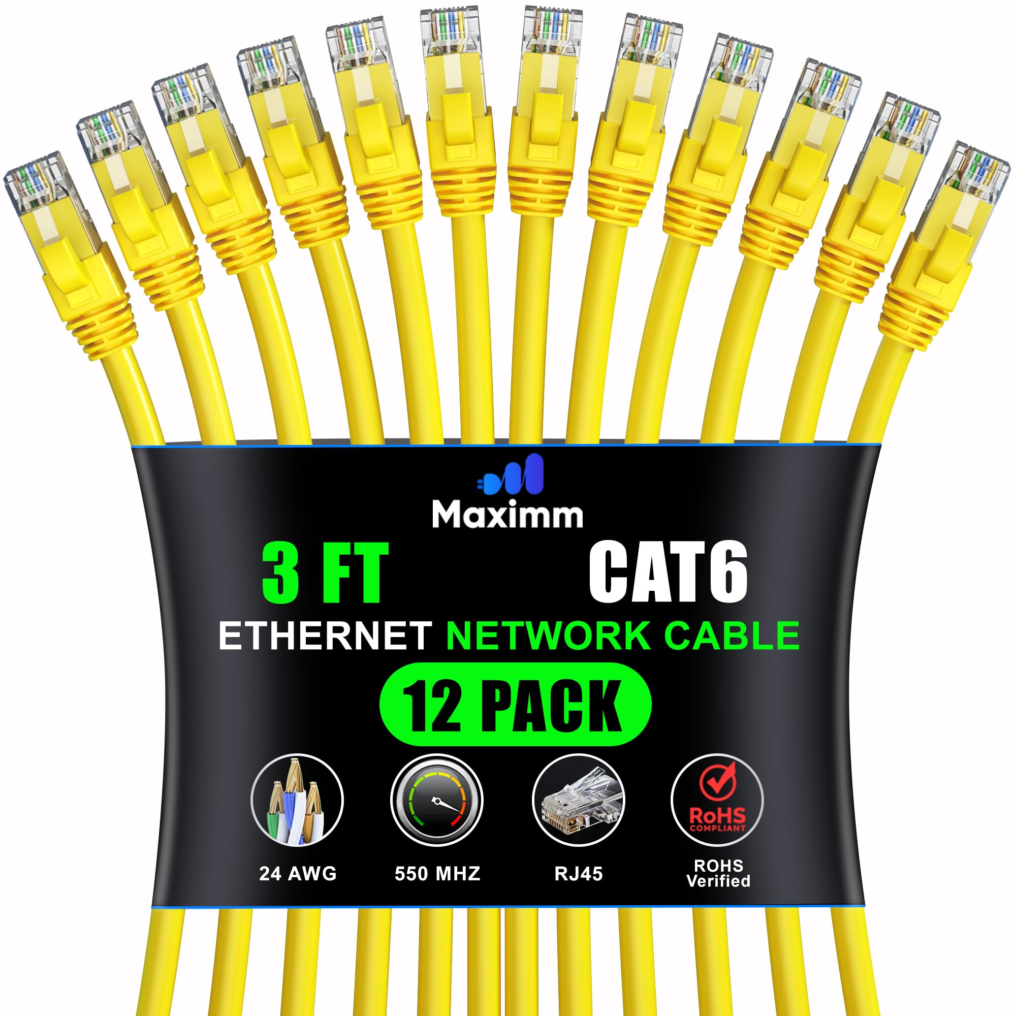 Maximm Cat 6 Ethernet Cable 3 Ft (12 Pack)   High Speed Lan Cable, Internet Cable, Patch Cable, And Network Cable   Utp, 10Gbps, 550Mhz Ethernet Cord   Yellow