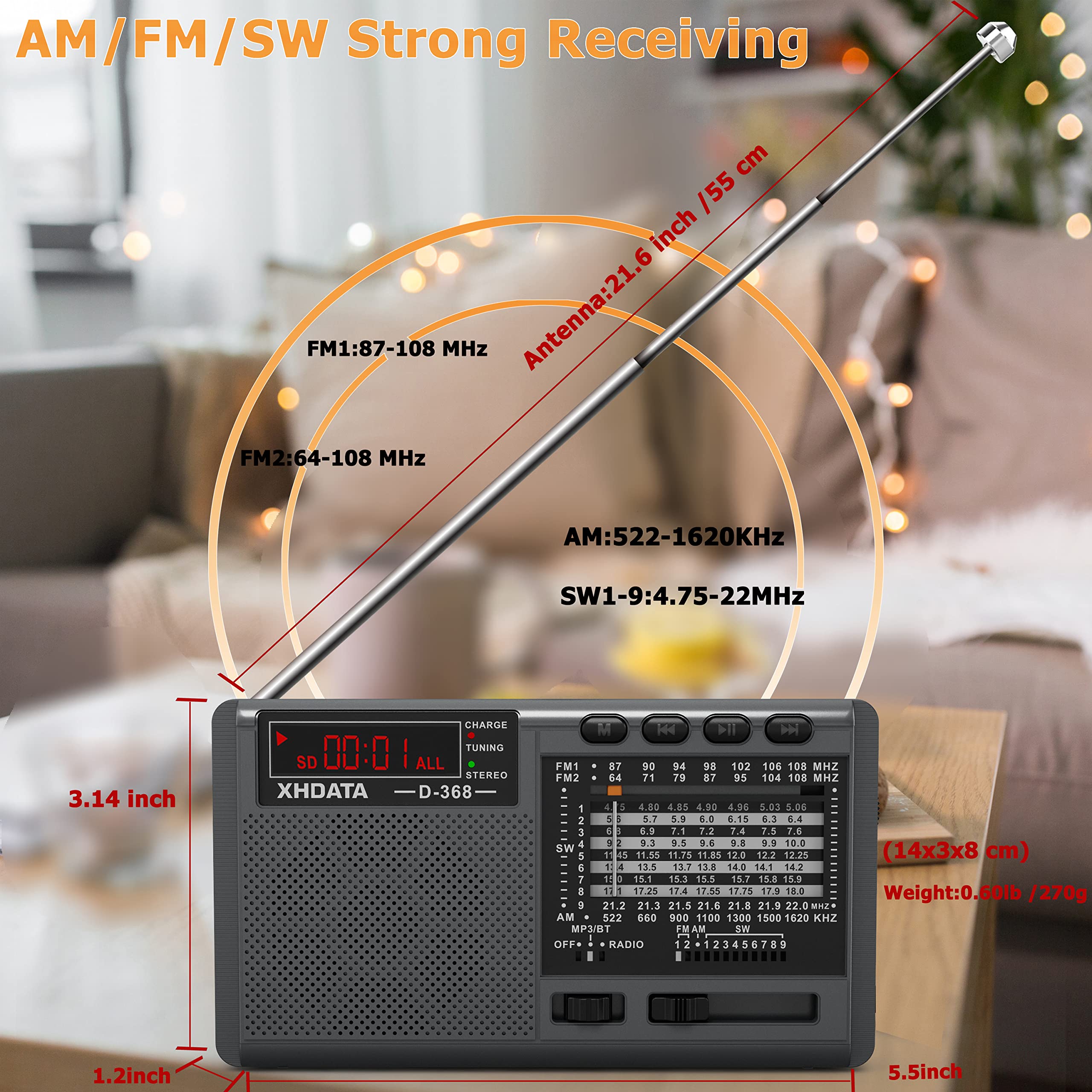 Xhdata D368 Shortwave Am Fm 12 Band Dsp Stereo Portable Radio Mp3 Player Wireless Bt Speaker With Rechargeable Battery Multimedi