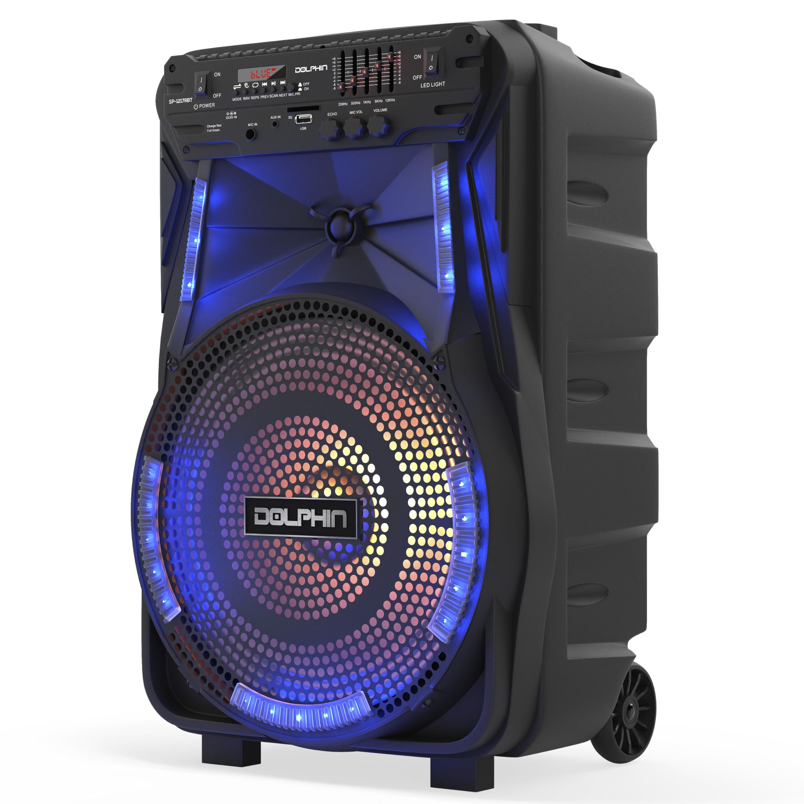 Dolphin 12 Inch Rechargeable Bluetooth Party Speaker � High Power Sound, Tws Compatibility, Led Lights, 5 Band Equalizer, Portable Design With Trolley And Wheels