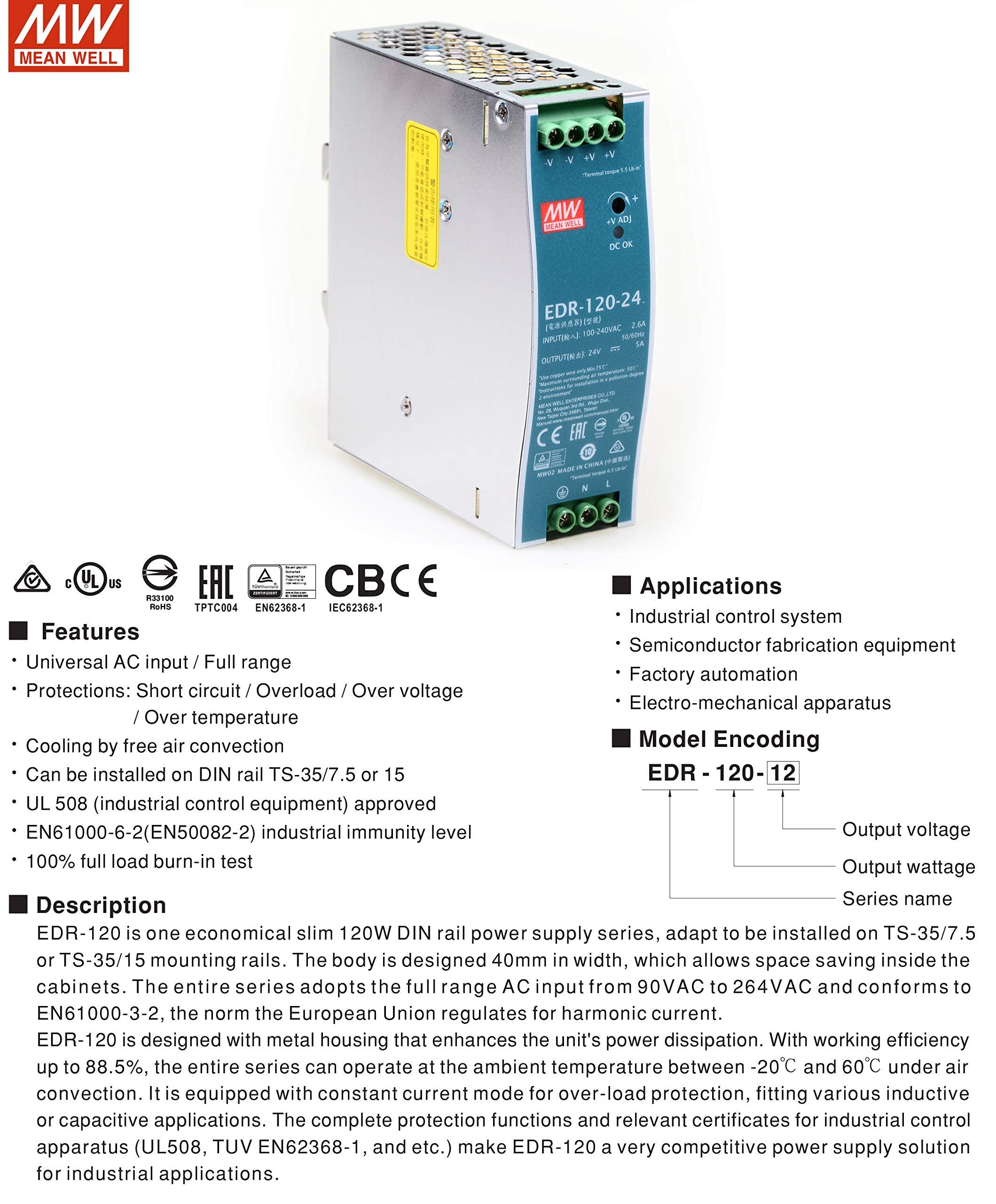 Mean Well Edr 120 12 120W 12Vdc 10A Ac/Dc Industrial Din Rail Power Supply